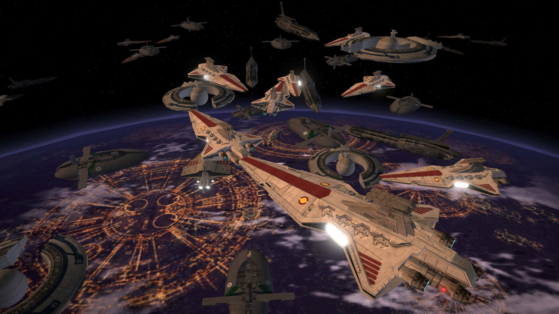 Coruscant, Night, Futuristic spacecrafts, Full HD Desktop Wallpaper