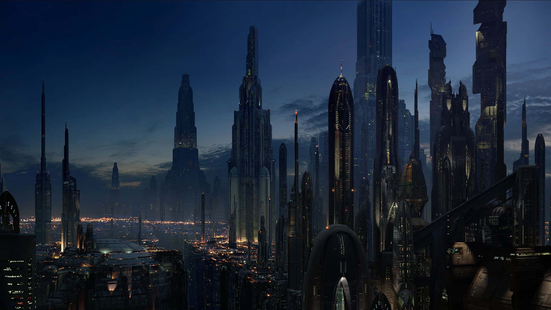 Coruscant, dusk, towering skyscrapers, Full HD Desktop Wallpaper