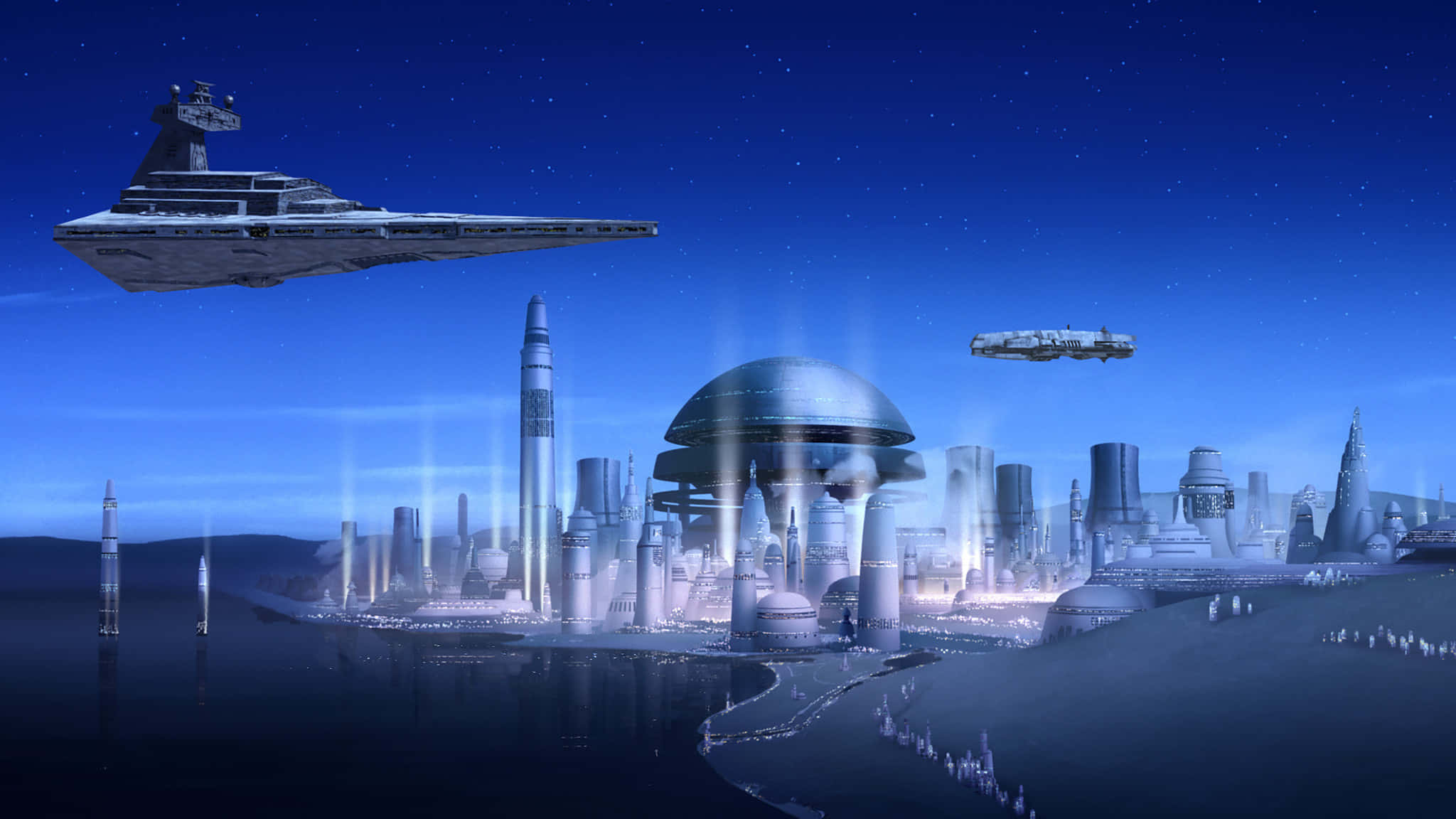 Coruscant, futuristic city skyline, towering domes, Full HD Desktop Wallpaper