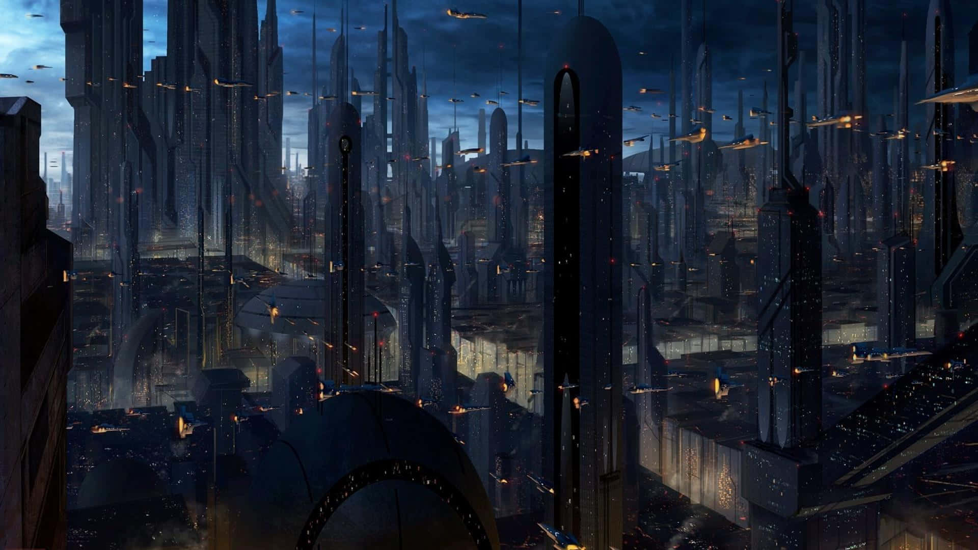 Coruscant, night, glowing neon lights, Full HD Desktop Wallpaper