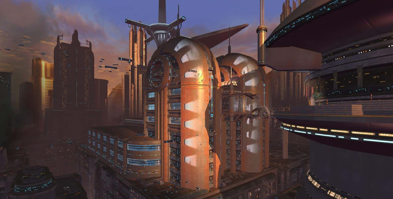 Coruscant, sunset, metallic buildings, HD Desktop Wallpaper
