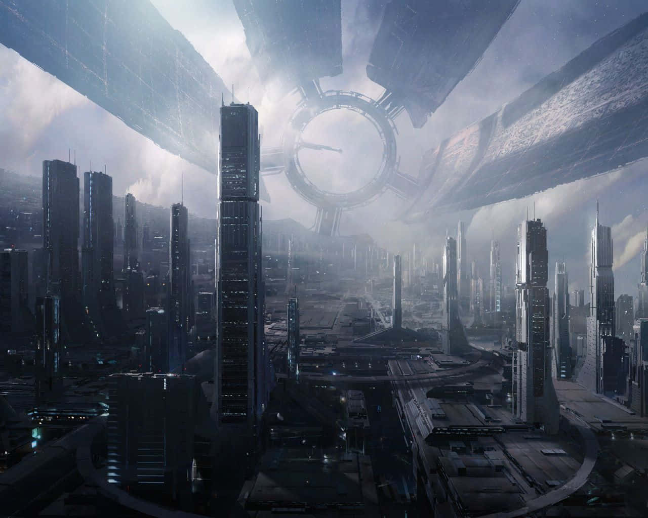 Coruscant, towering skyscrapers, massive ringed spacecraft, HD Desktop Wallpaper