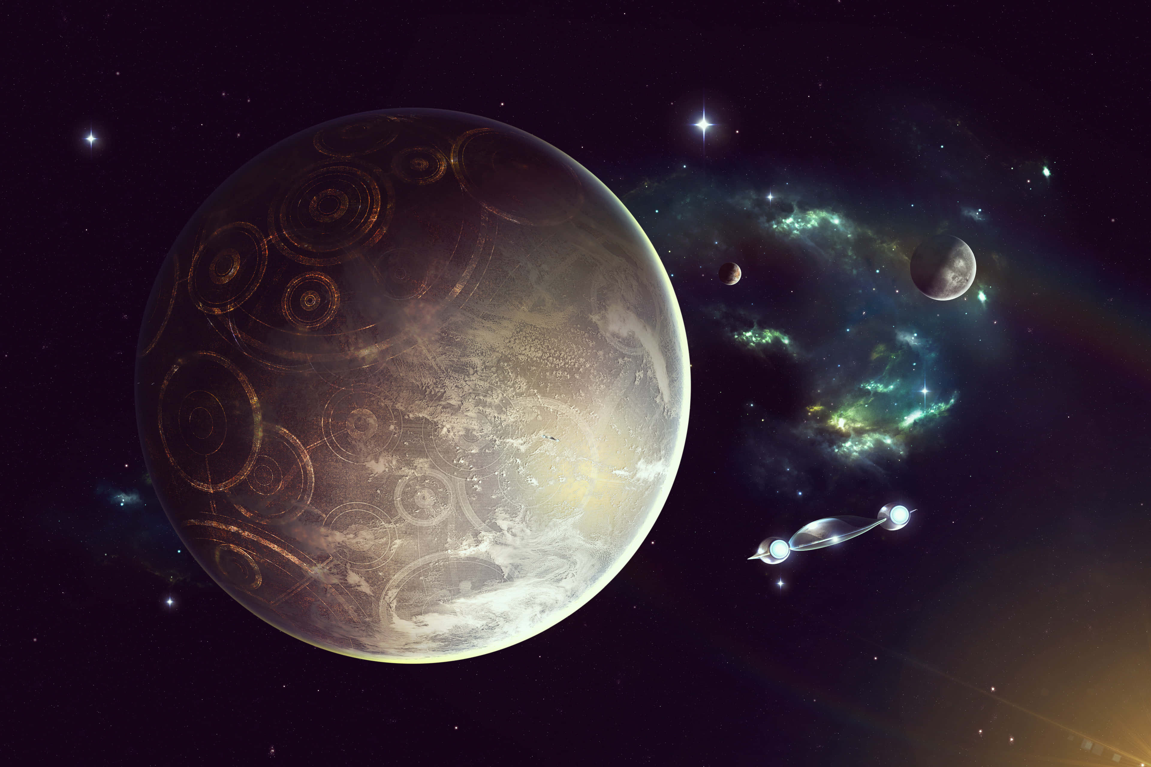 Coruscant, dusk, glowing golden rings, 4K Desktop Wallpaper