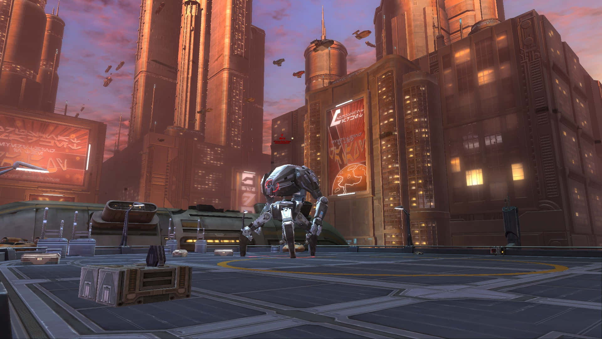 Coruscant, neon-lit cyberpunk city, sunset, Full HD Desktop Wallpaper