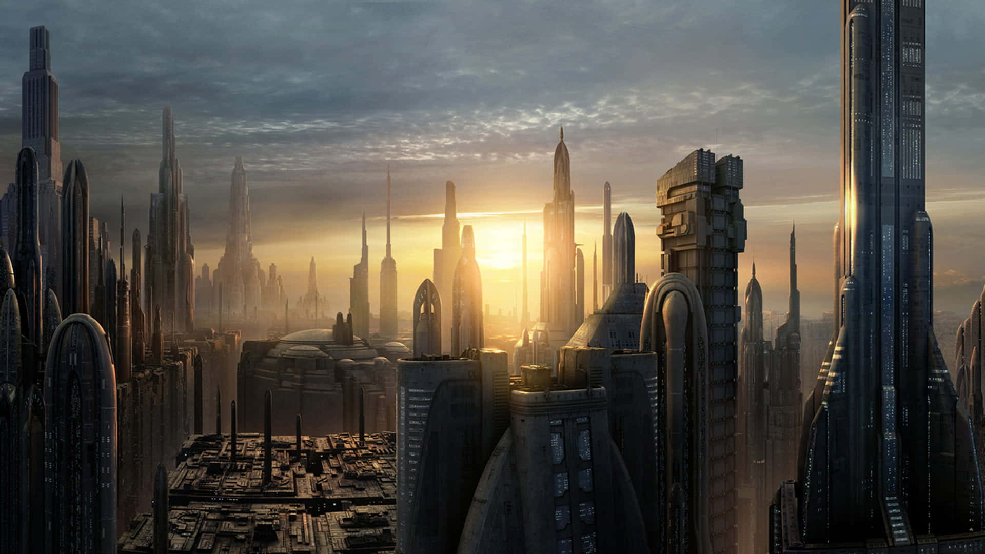 Coruscant, skyline, night, Full HD Desktop Wallpaper