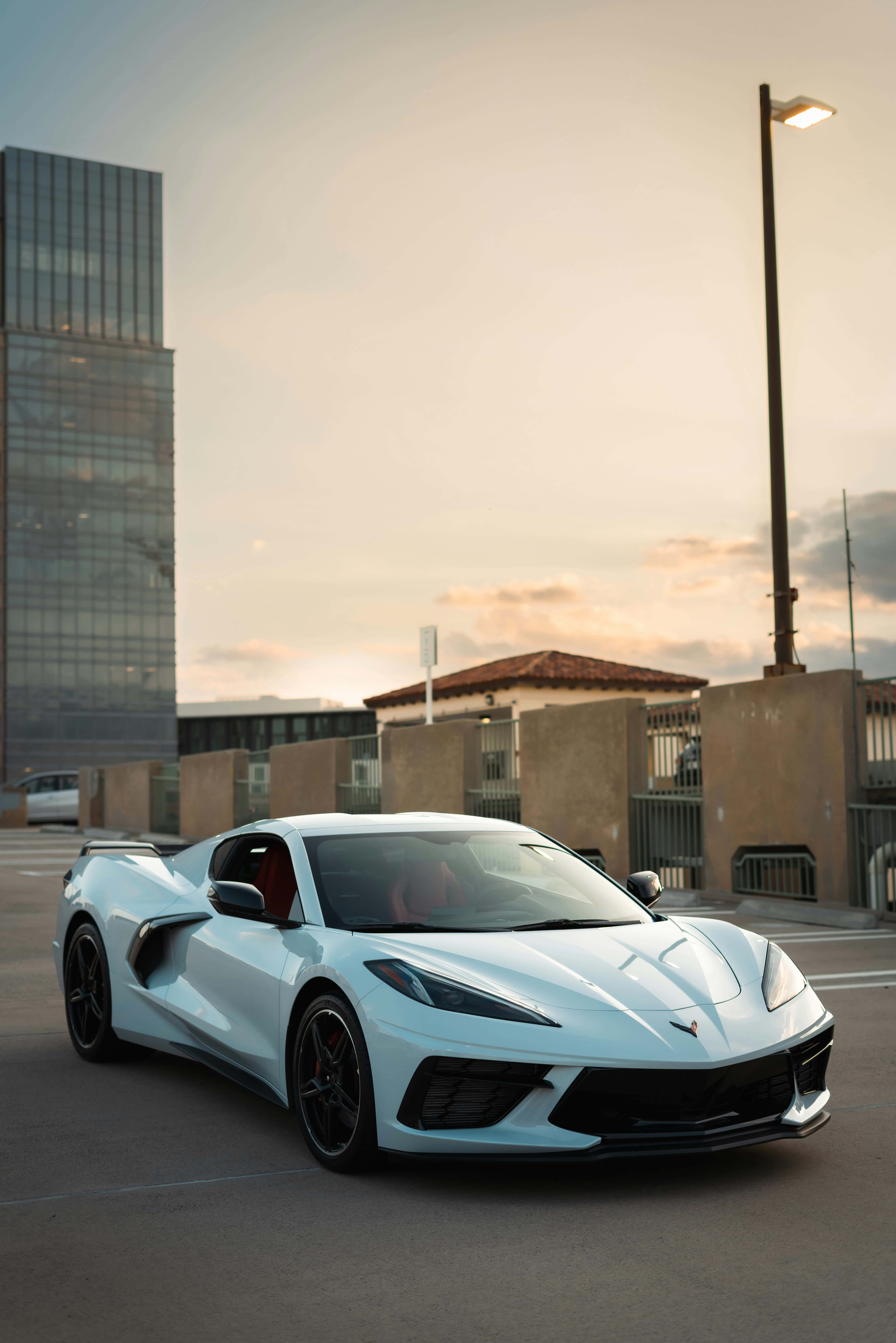 Corvette C8, white, urban, 8K Phone Wallpaper