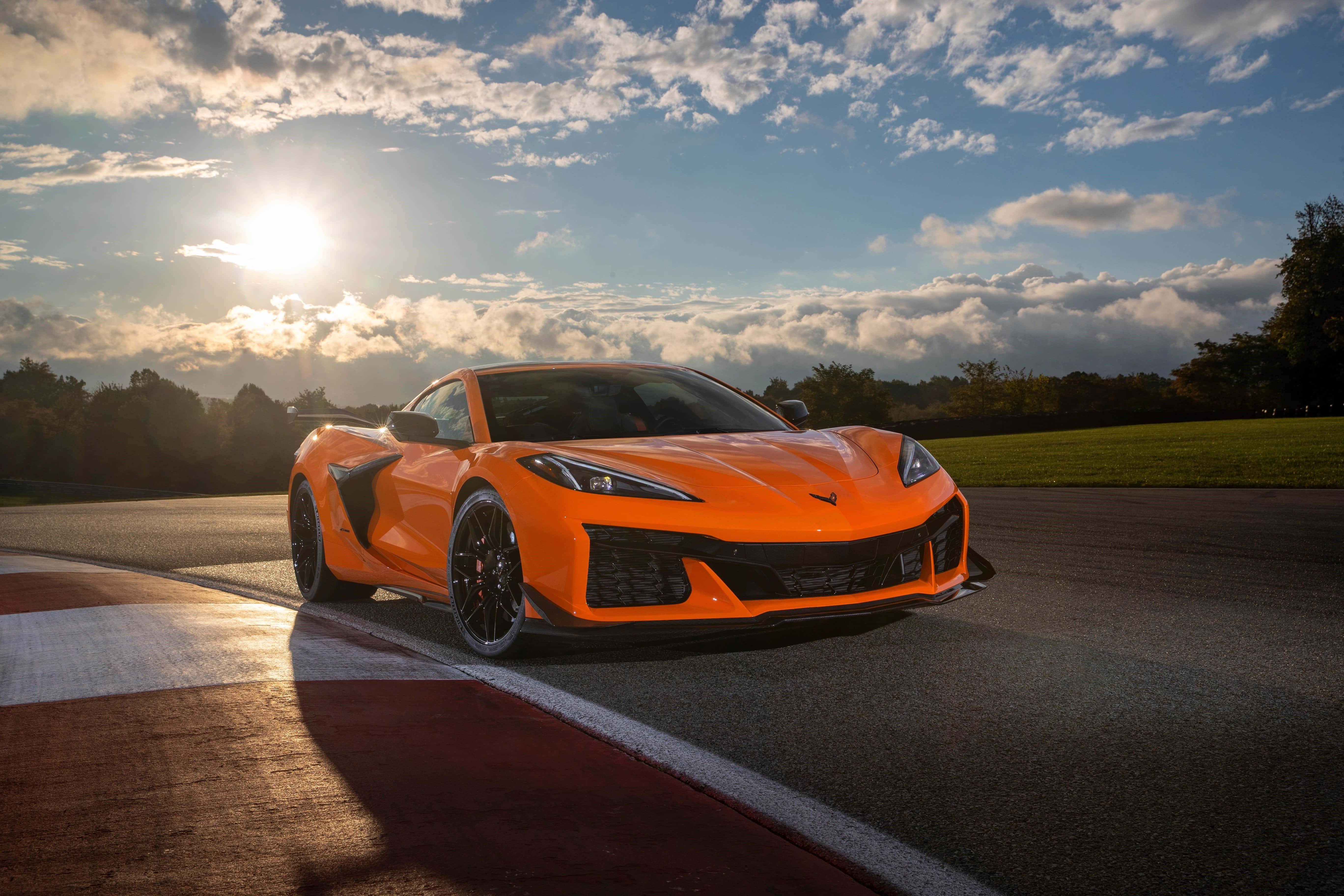 Corvette C8, orange, sunset, 5K Desktop Wallpaper