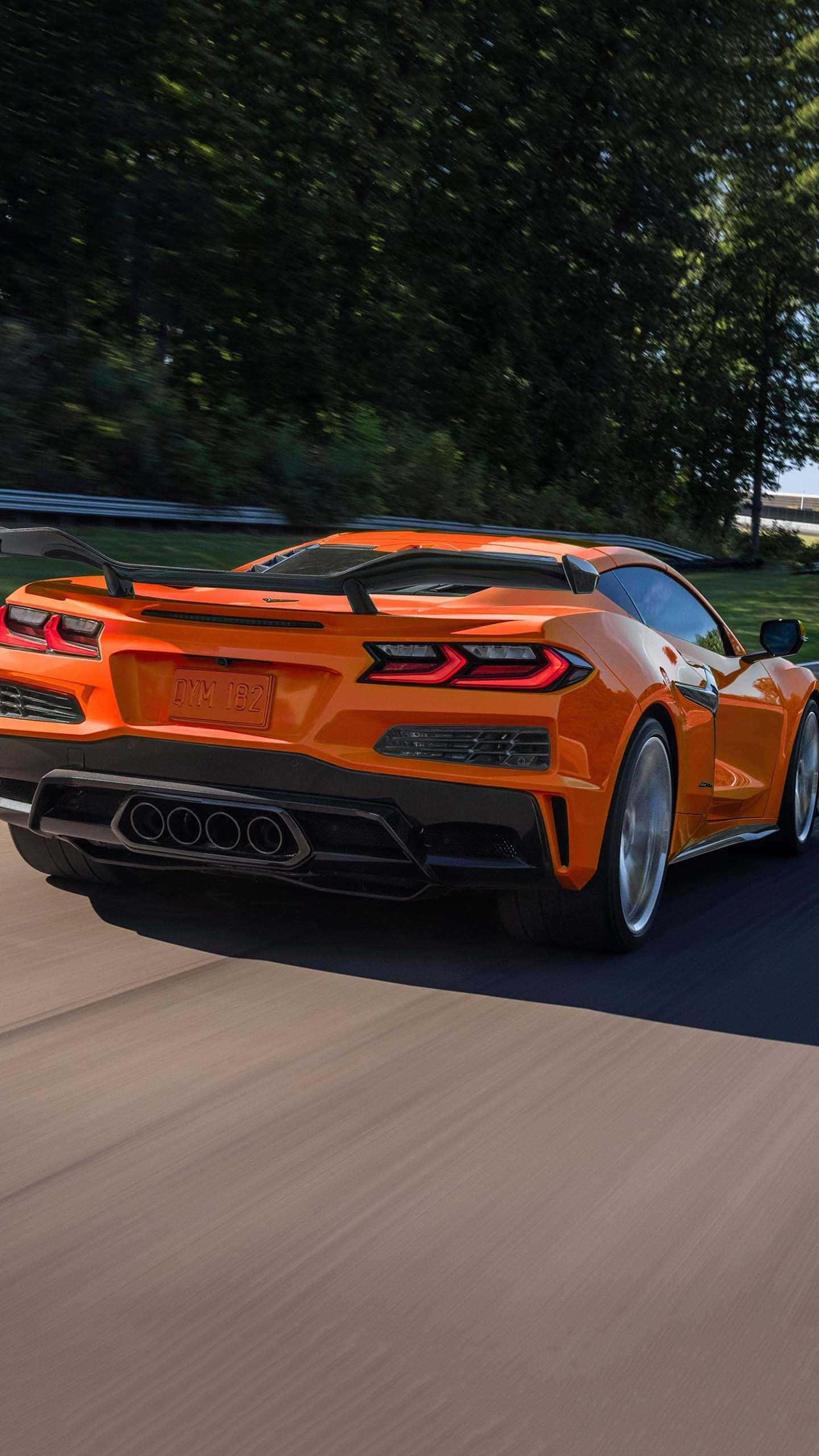 Corvette C8, orange, rear view, 2K Phone Wallpaper