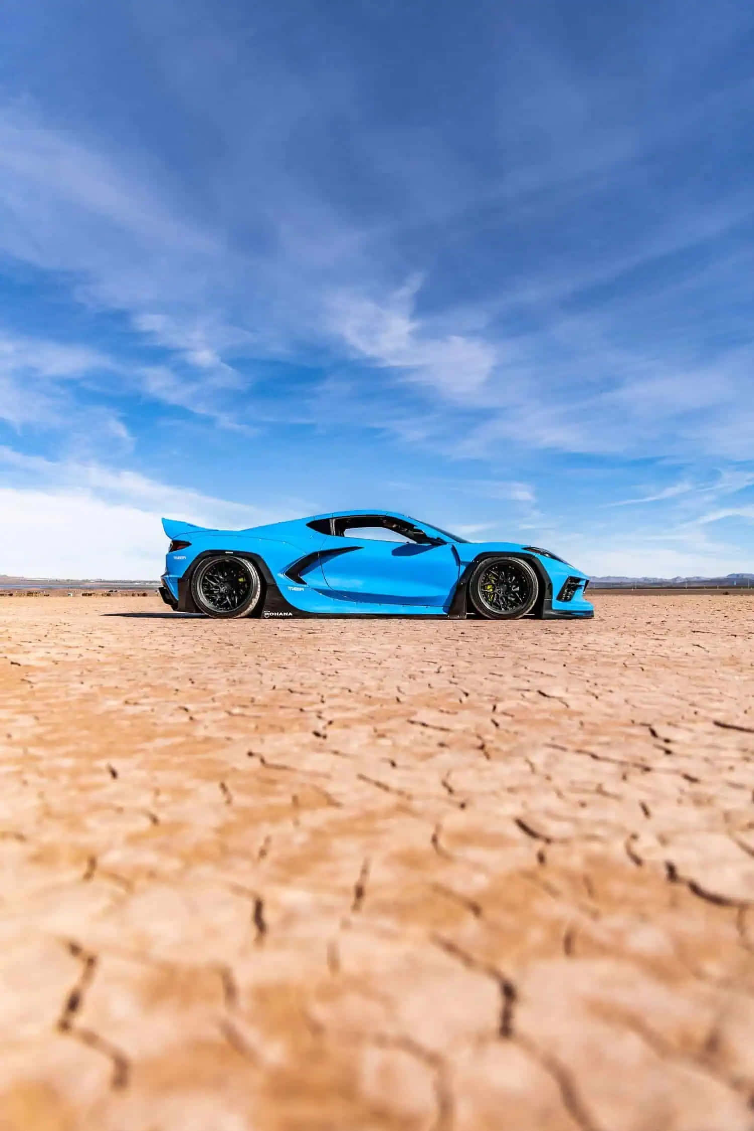 Blue Corvette C8, desert landscape, cracked desert earth, Full HD Phone Wallpaper