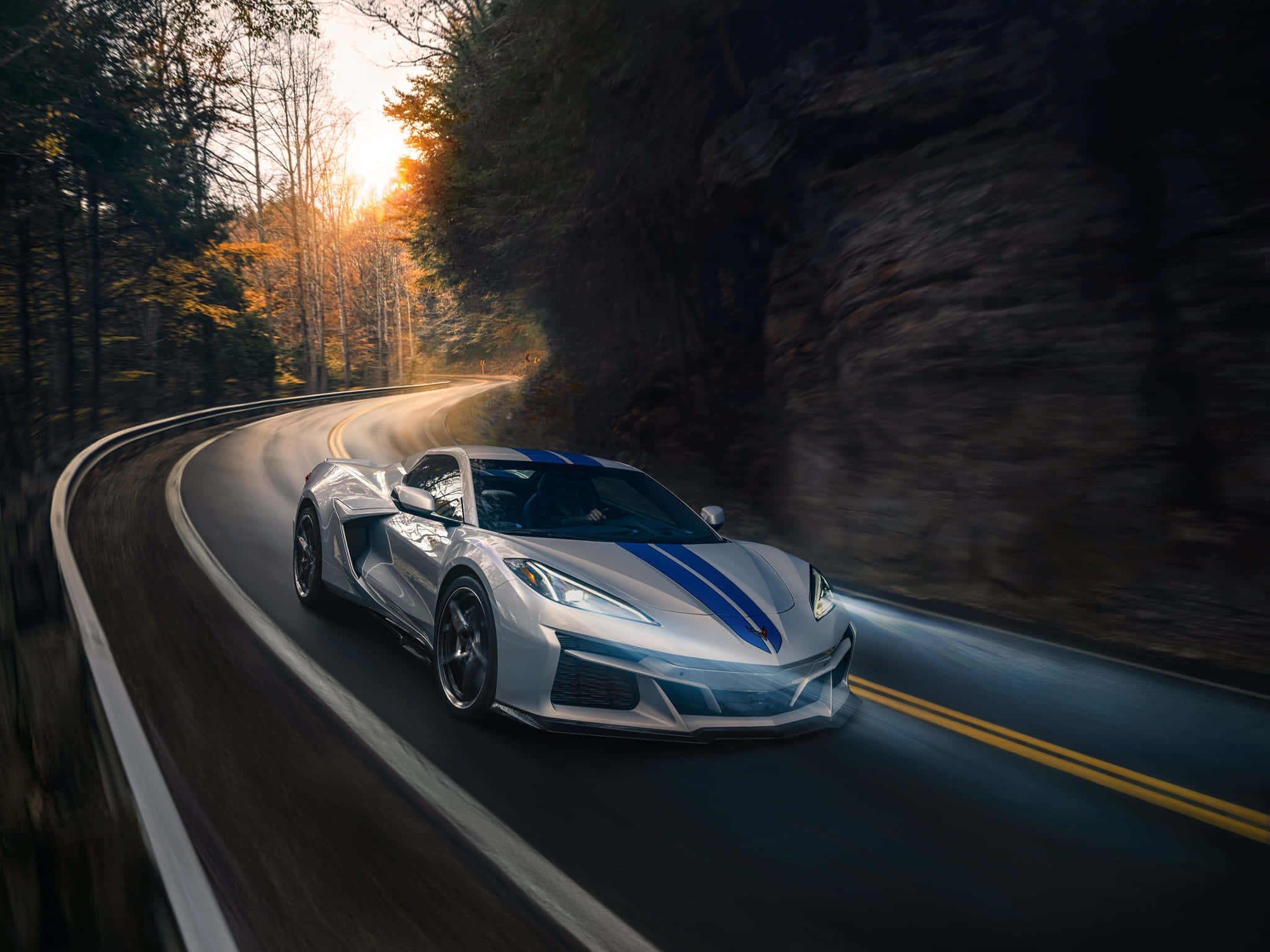 Corvette C8, silver, blue stripes, Full HD Desktop Wallpaper