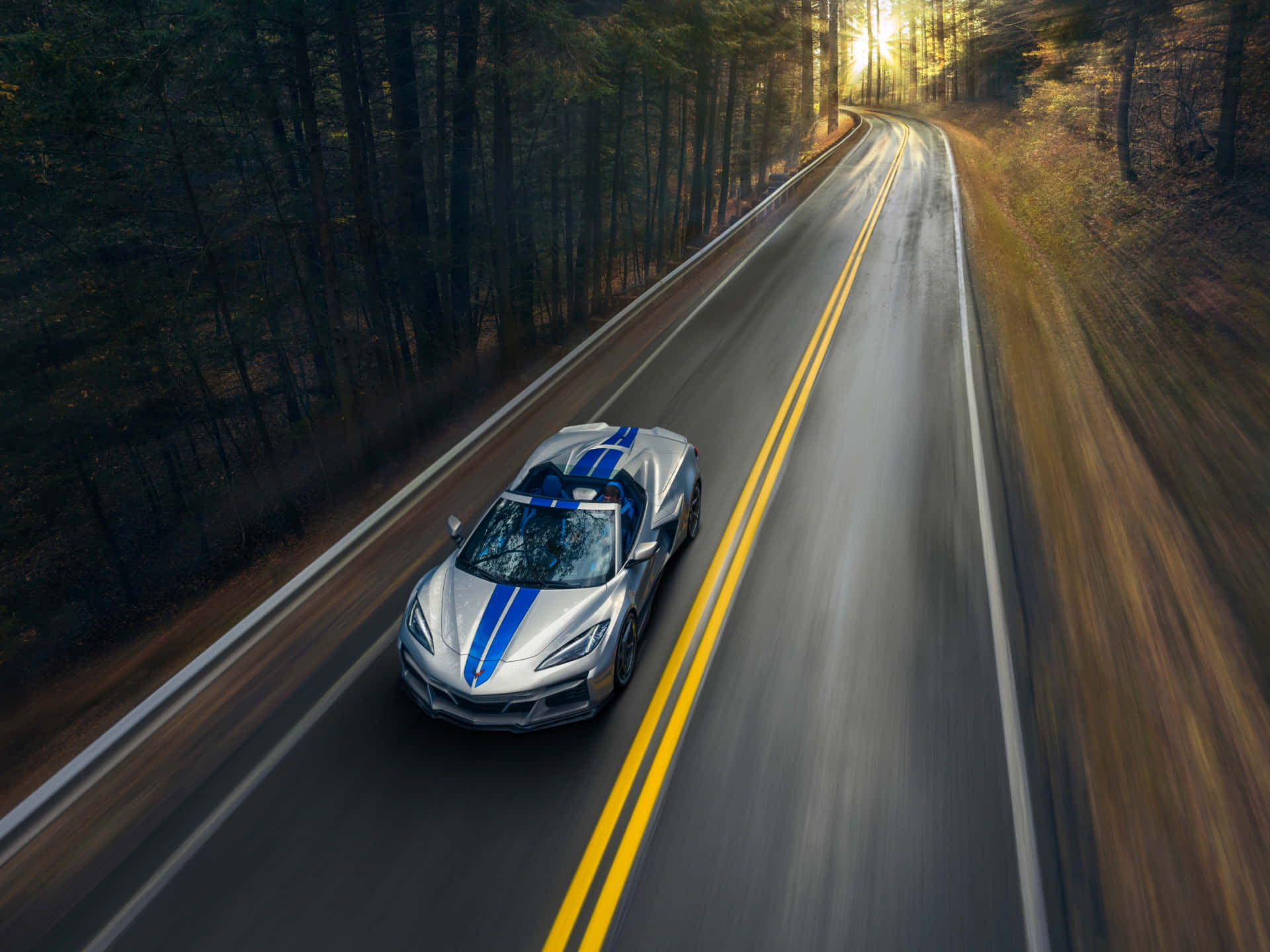Corvette C8, silver, blue racing stripes, Full HD Desktop Wallpaper