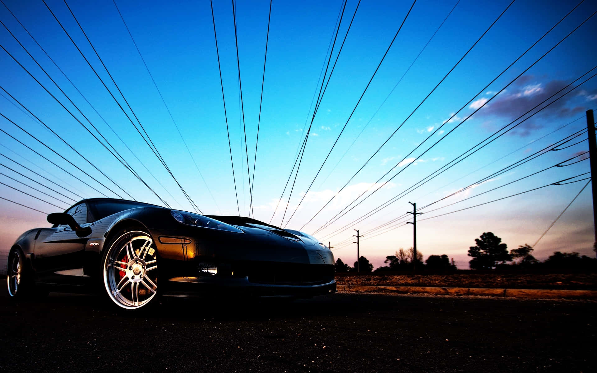 Black Corvette, dusk skyline, vibrant blue sky, Full HD Desktop Wallpaper