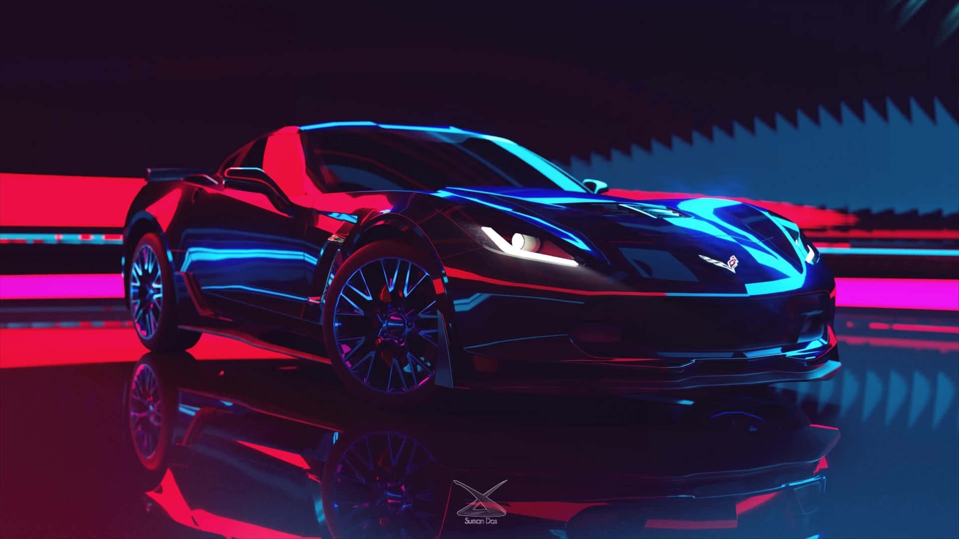 Corvette C8, neon lights, red and blue neon lights, Full HD Desktop Wallpaper
