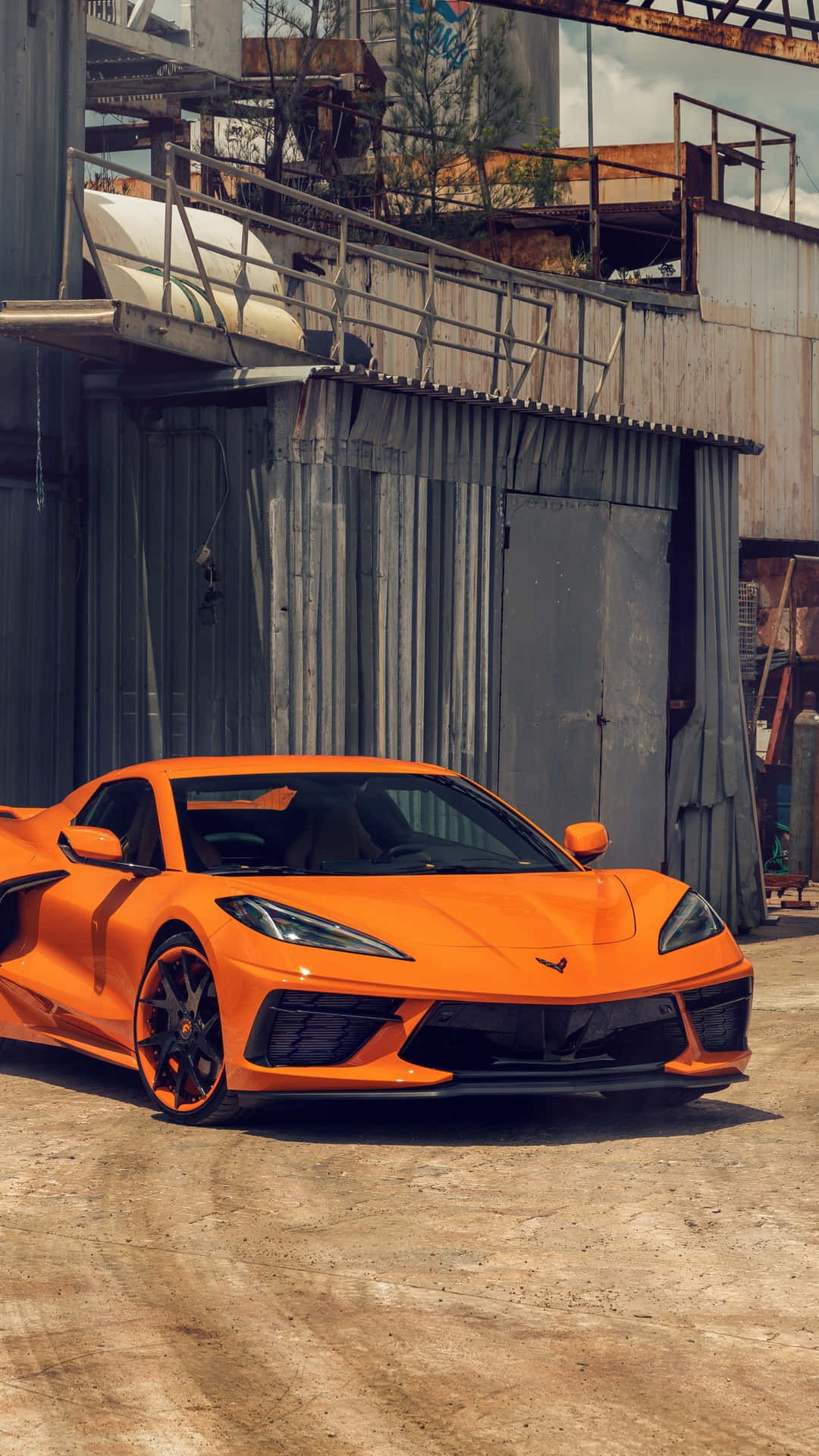 Corvette C8, orange, industrial warehouse, Full HD Phone Wallpaper