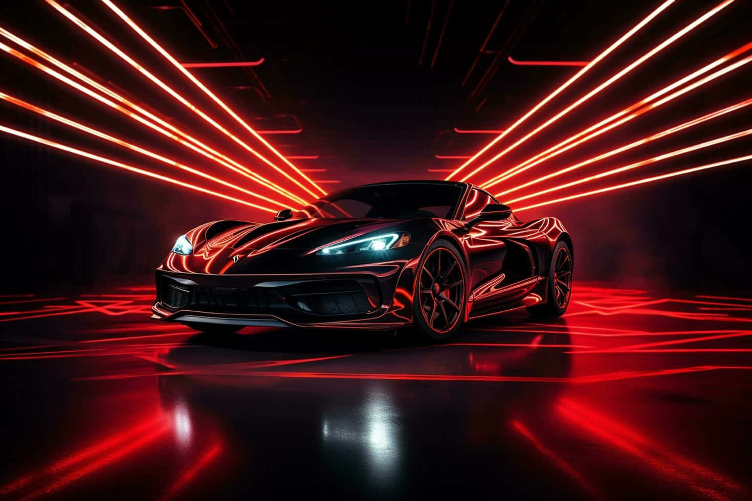 Corvette C8, red lights, laser beams, HD Desktop Wallpaper