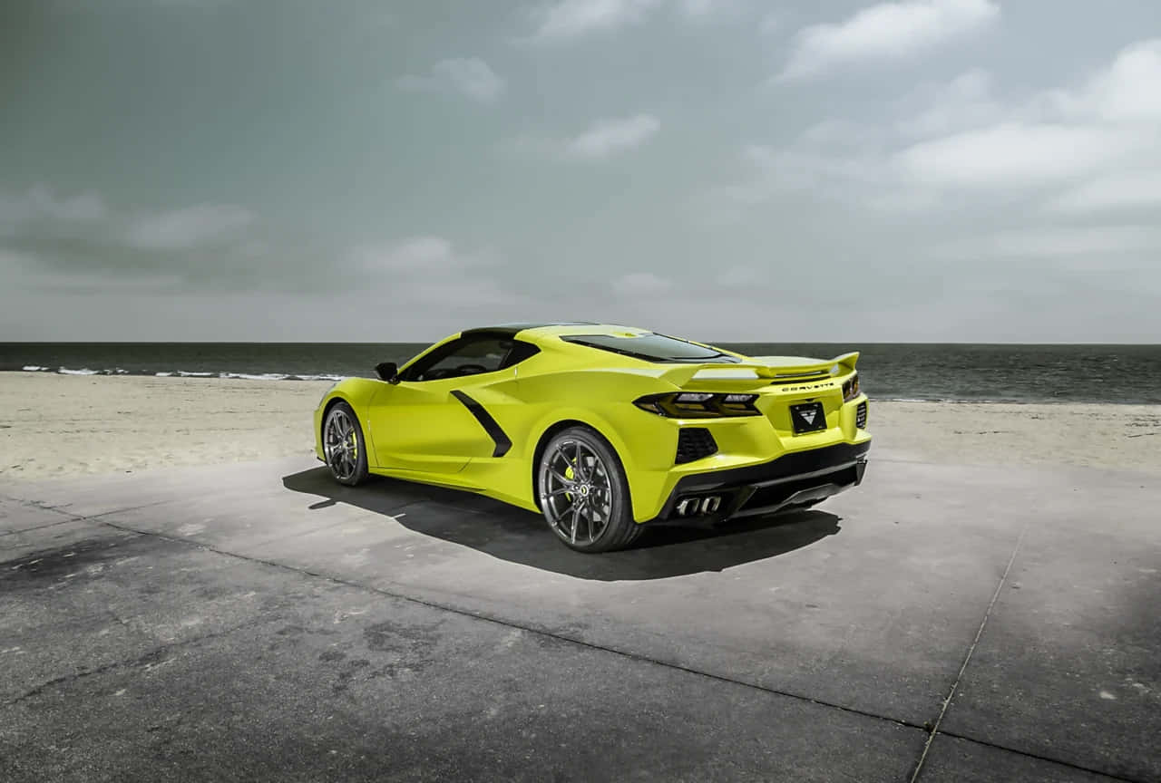 Corvette C8, bright yellow, beachfront, HD Desktop Wallpaper