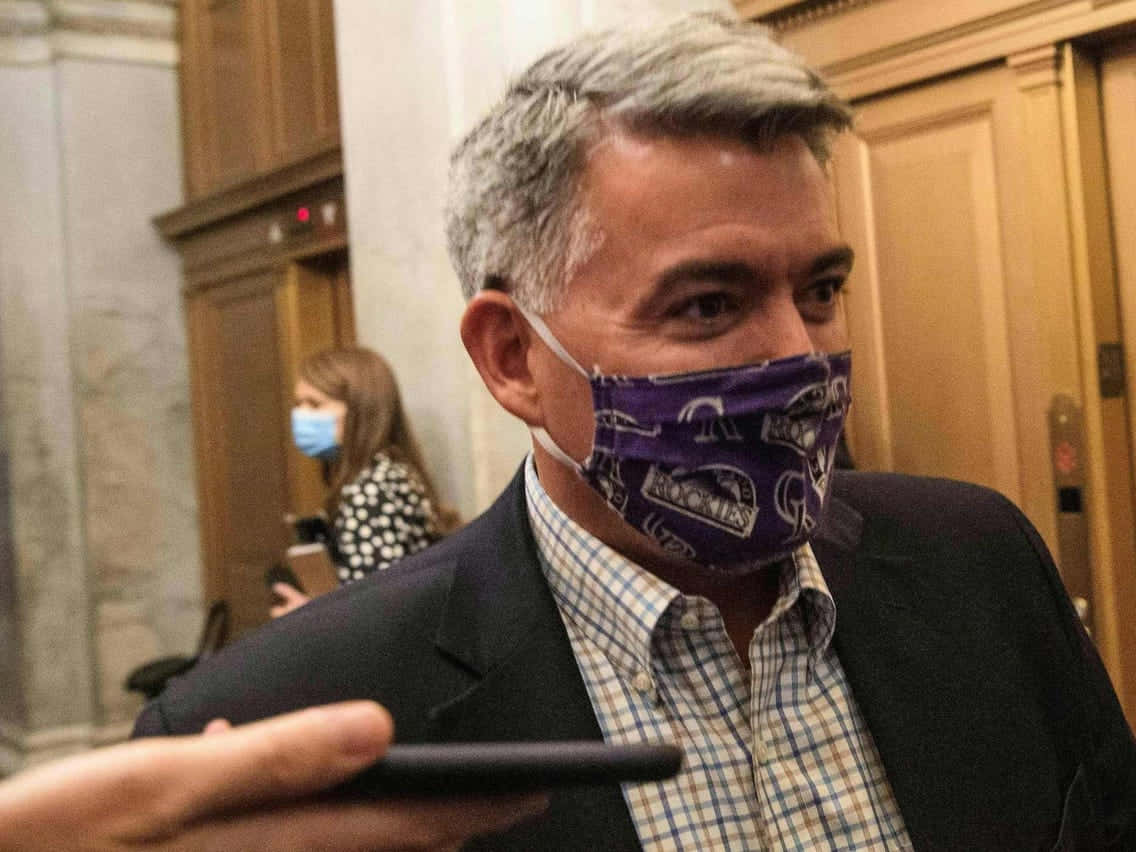 Cory Gardner, purple patterned face mask, wooden doors, SD Desktop Wallpaper