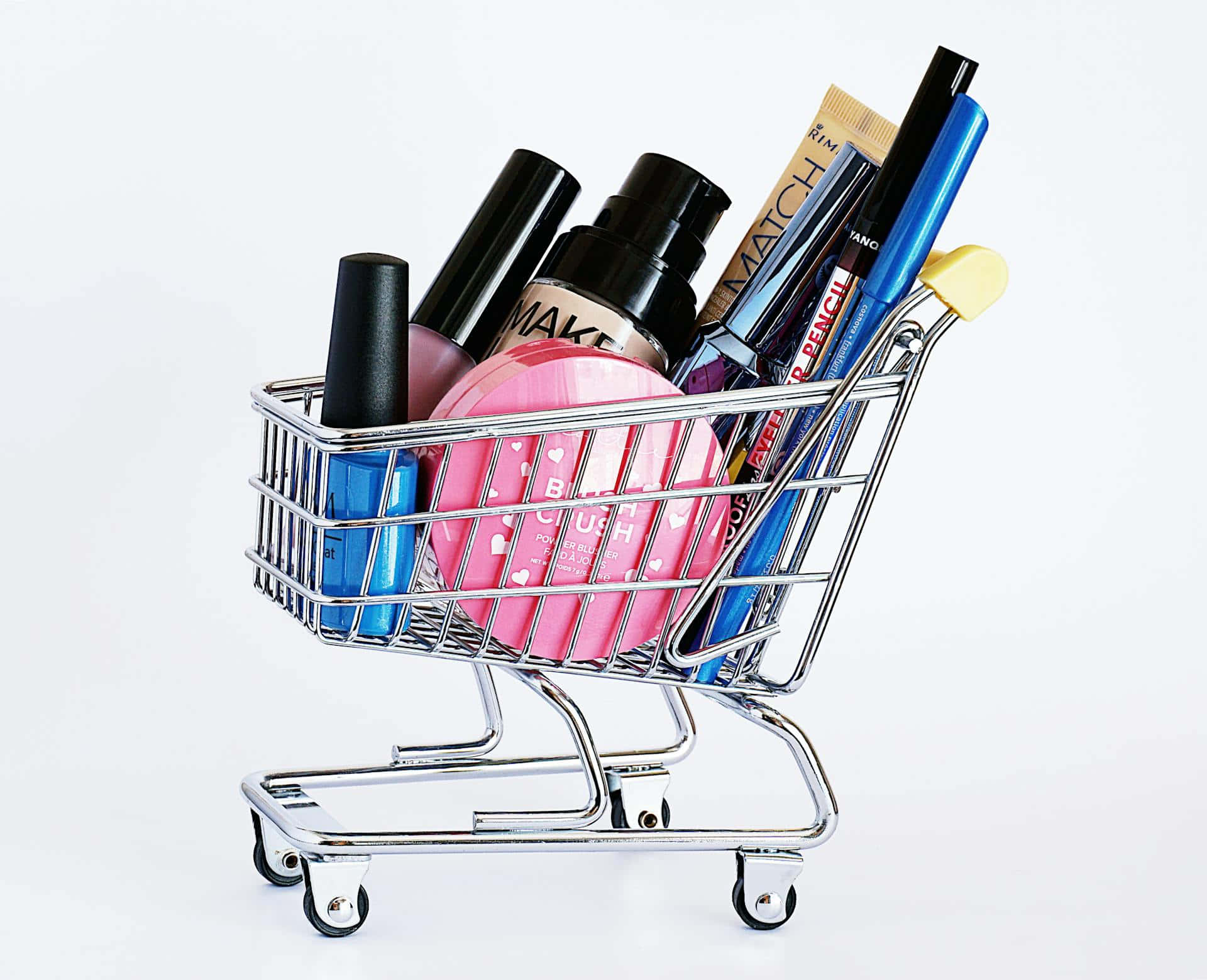 mini cart, cosmetics, colorful makeup products, Full HD Desktop Wallpaper