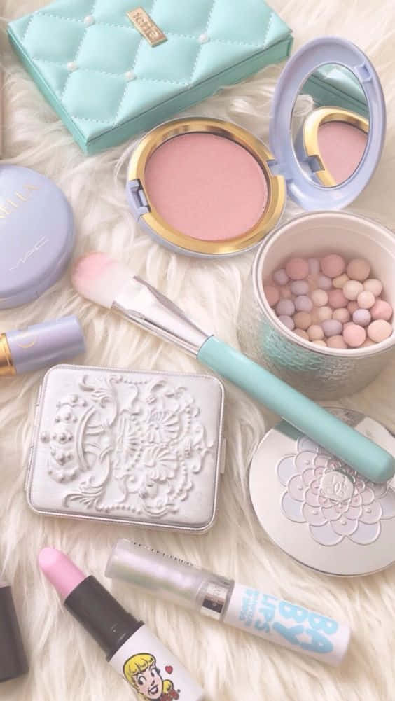 pastel makeup collection, fluffy white surface, blush brushes, SD Phone Wallpaper