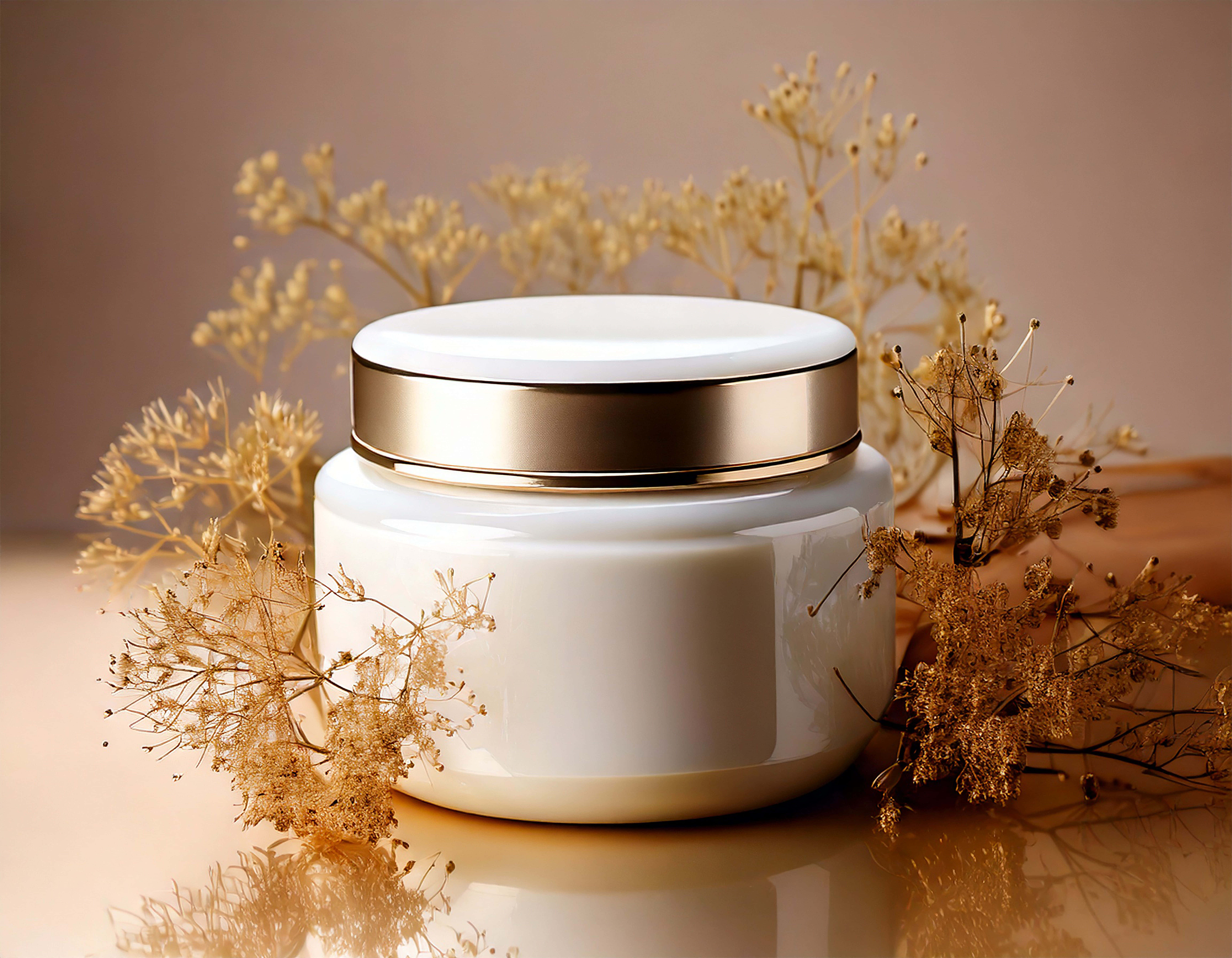 white cosmetic jar, gold lid, dried golden flowers, 8K Desktop Wallpaper