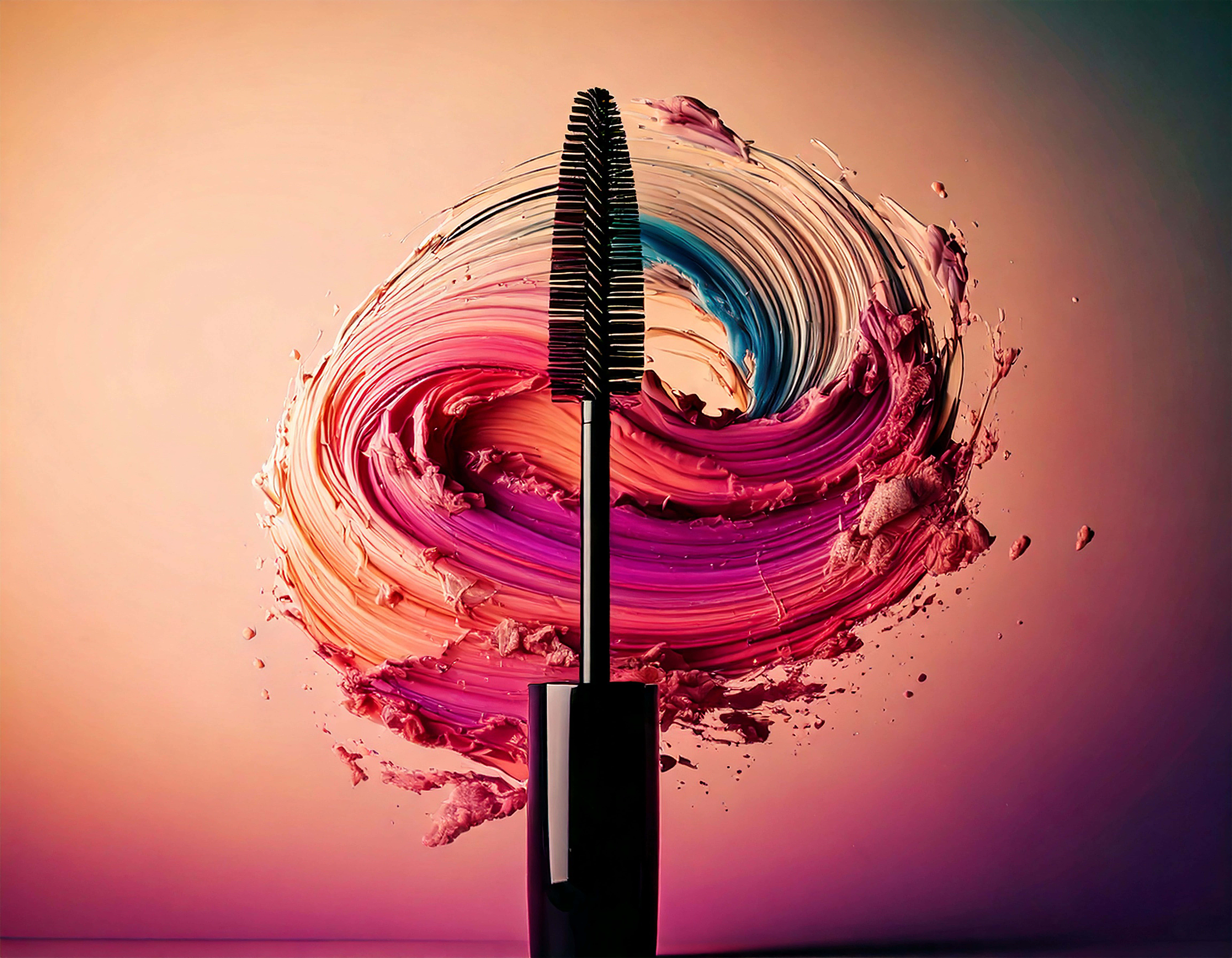 mascara wand, vibrant pink purple and blue cosmetic paint, gradient background, 8K Desktop Wallpaper
