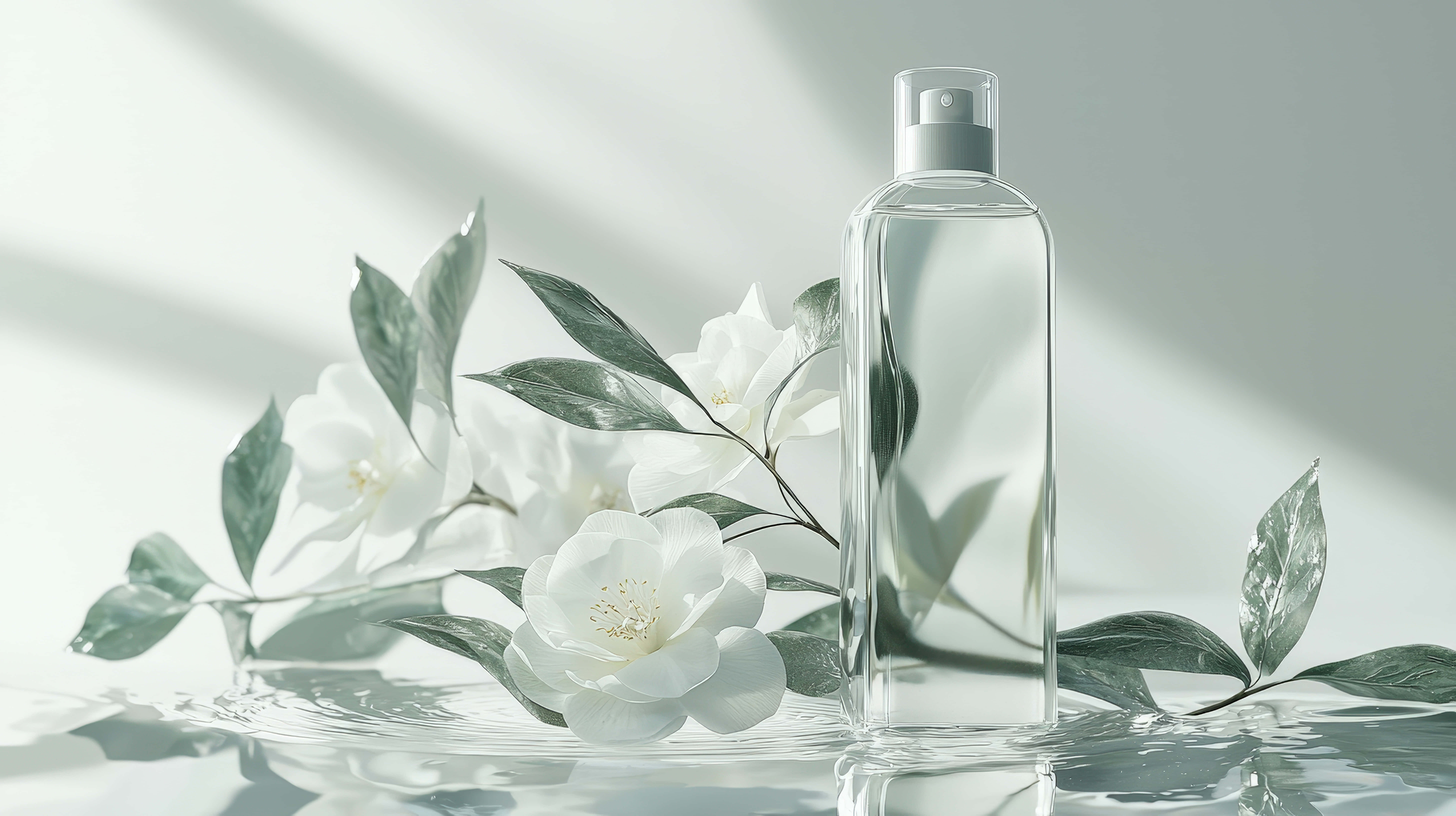 clear glass perfume bottle, white camellia flowers, green leaves, 8K Desktop Wallpaper