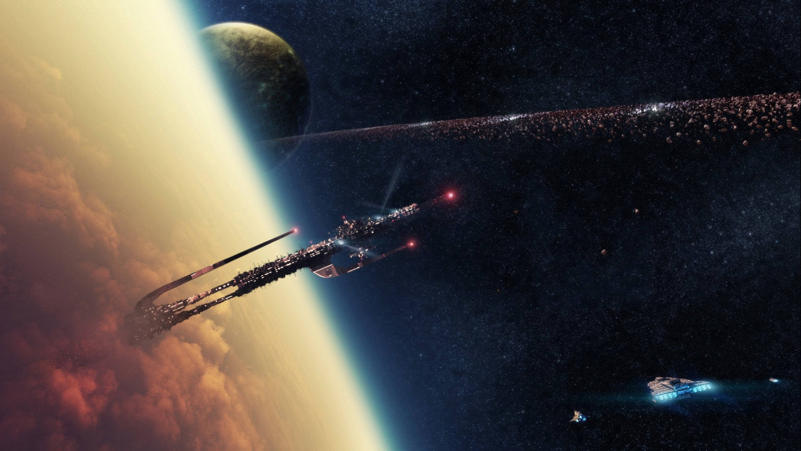 space station, planet, swirling orange clouds, 2K Desktop Wallpaper