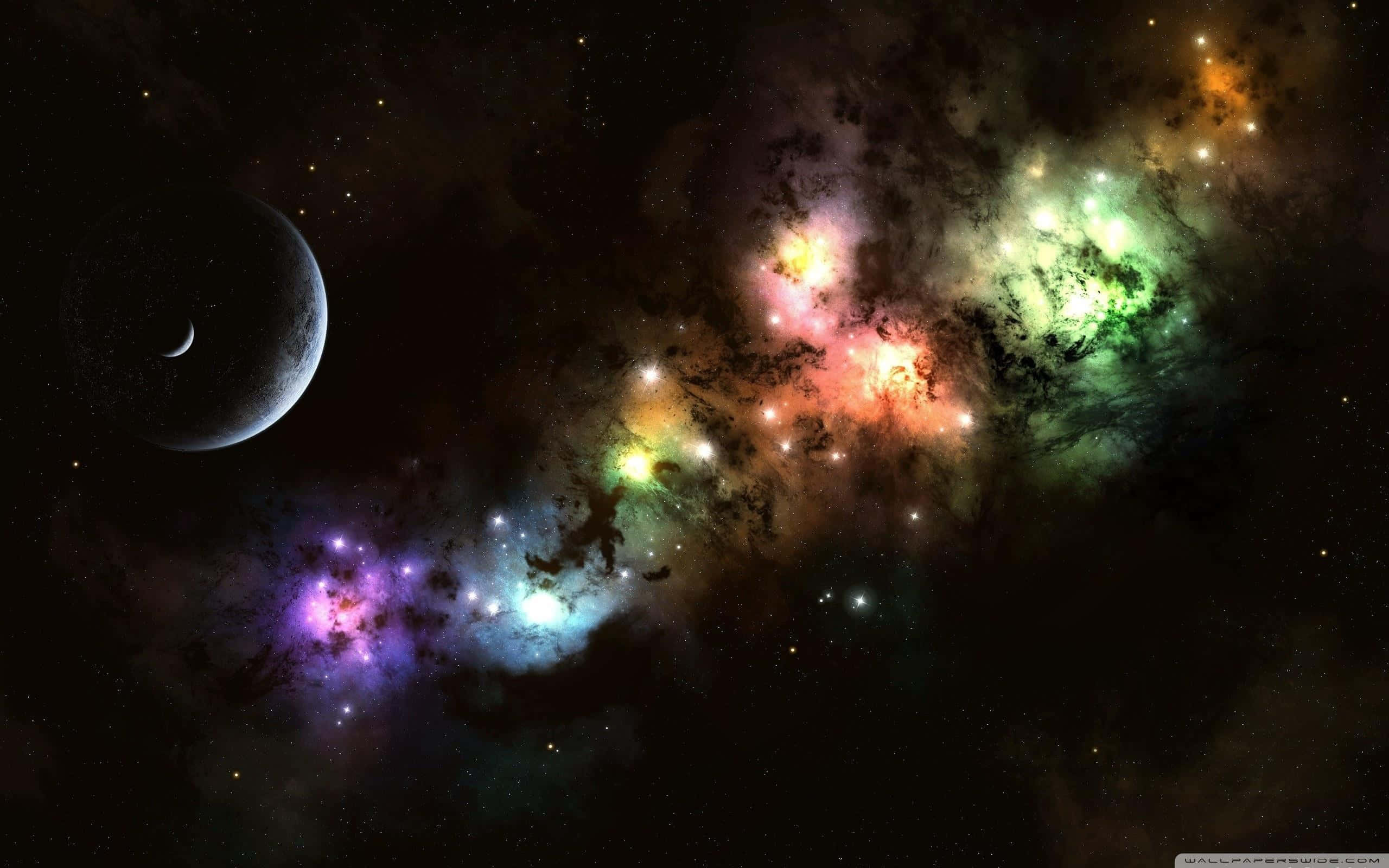 Cosmic 4K, cosmic nebula, vibrant purple green and orange hues, 2K Desktop Wallpaper