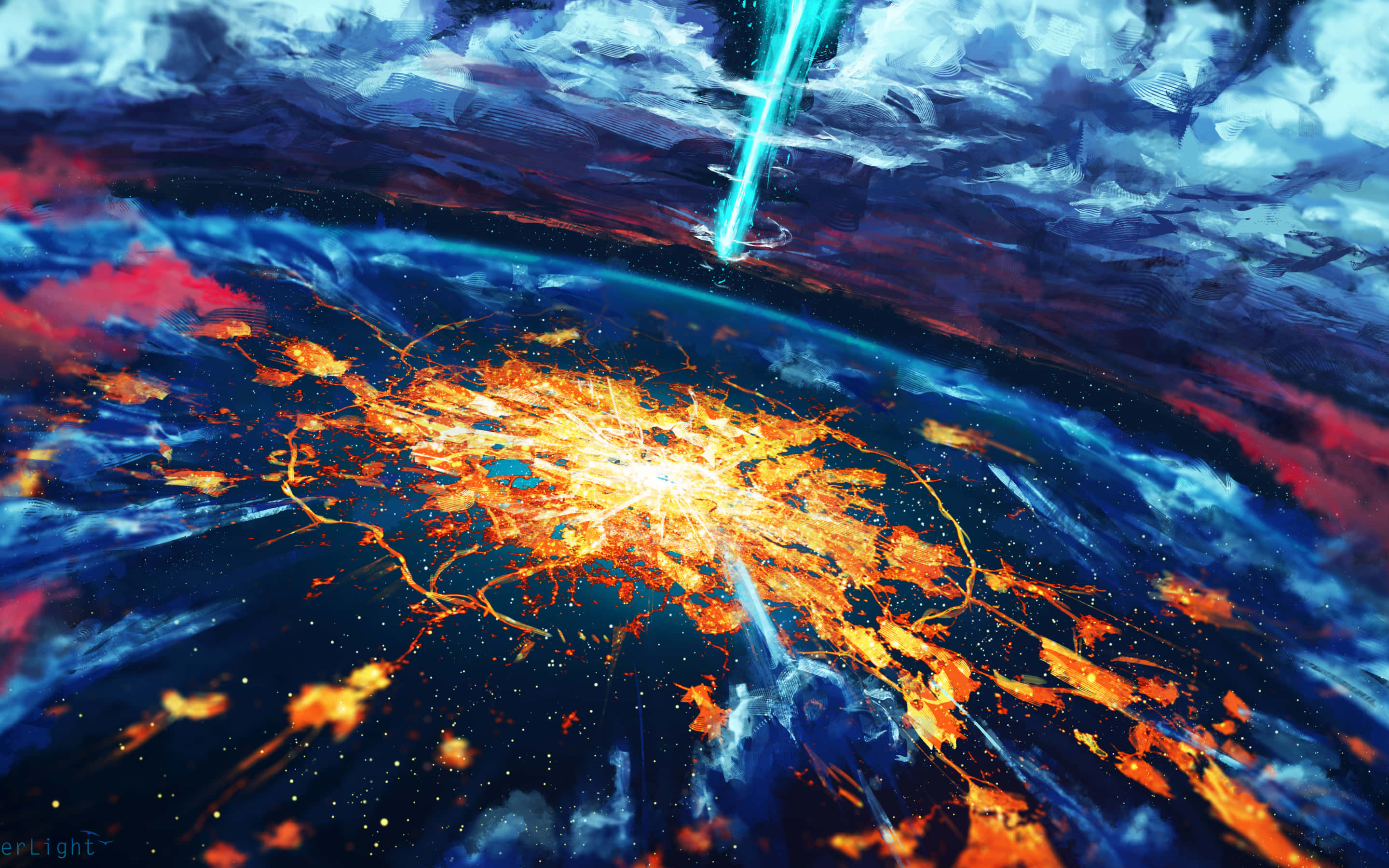 Cosmic 4K, fiery orange energy, swirling blue and red nebula, 2K Desktop Wallpaper