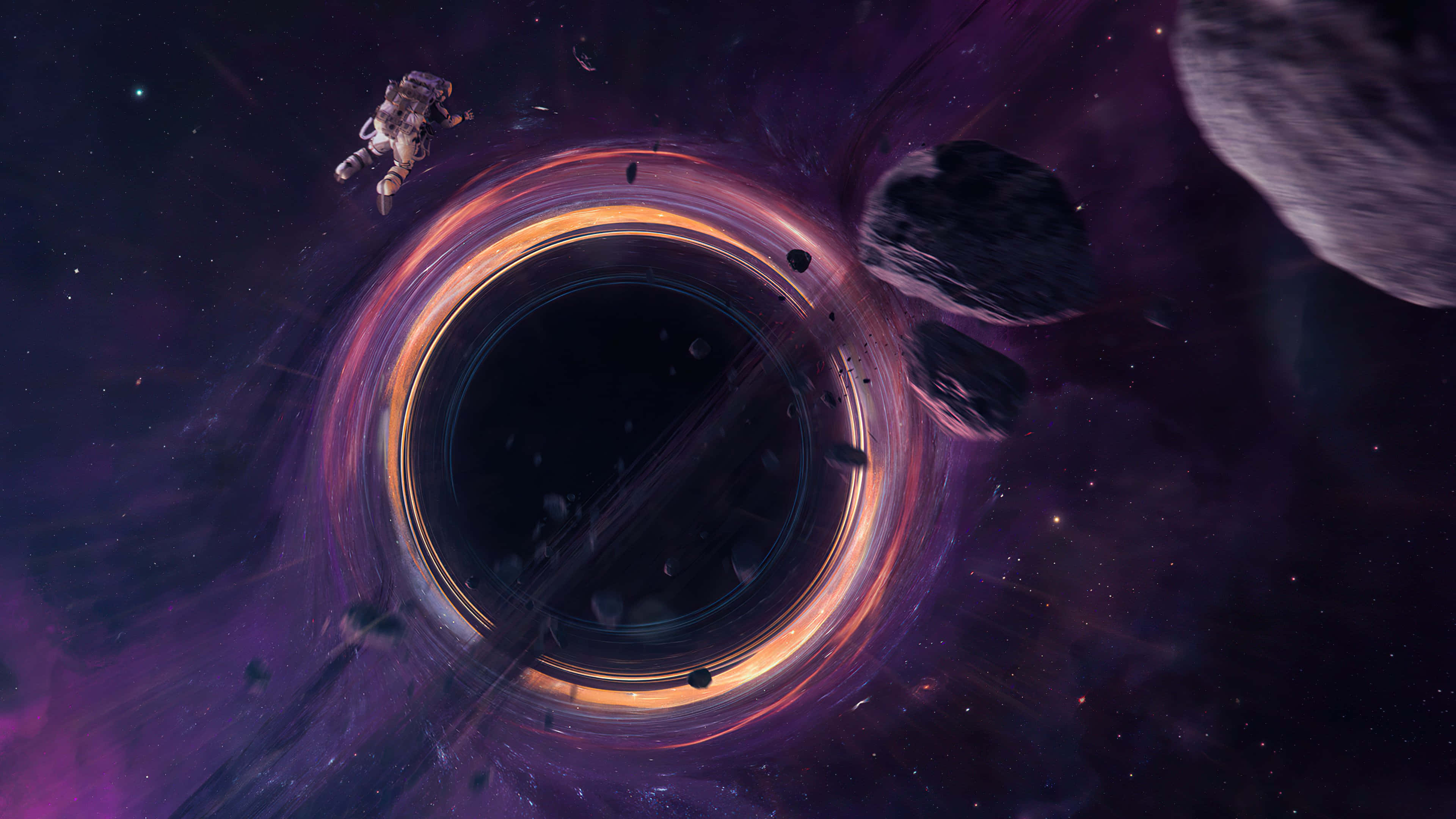 black hole, glowing purple and orange accretion disk, astronaut, 4K Desktop Wallpaper
