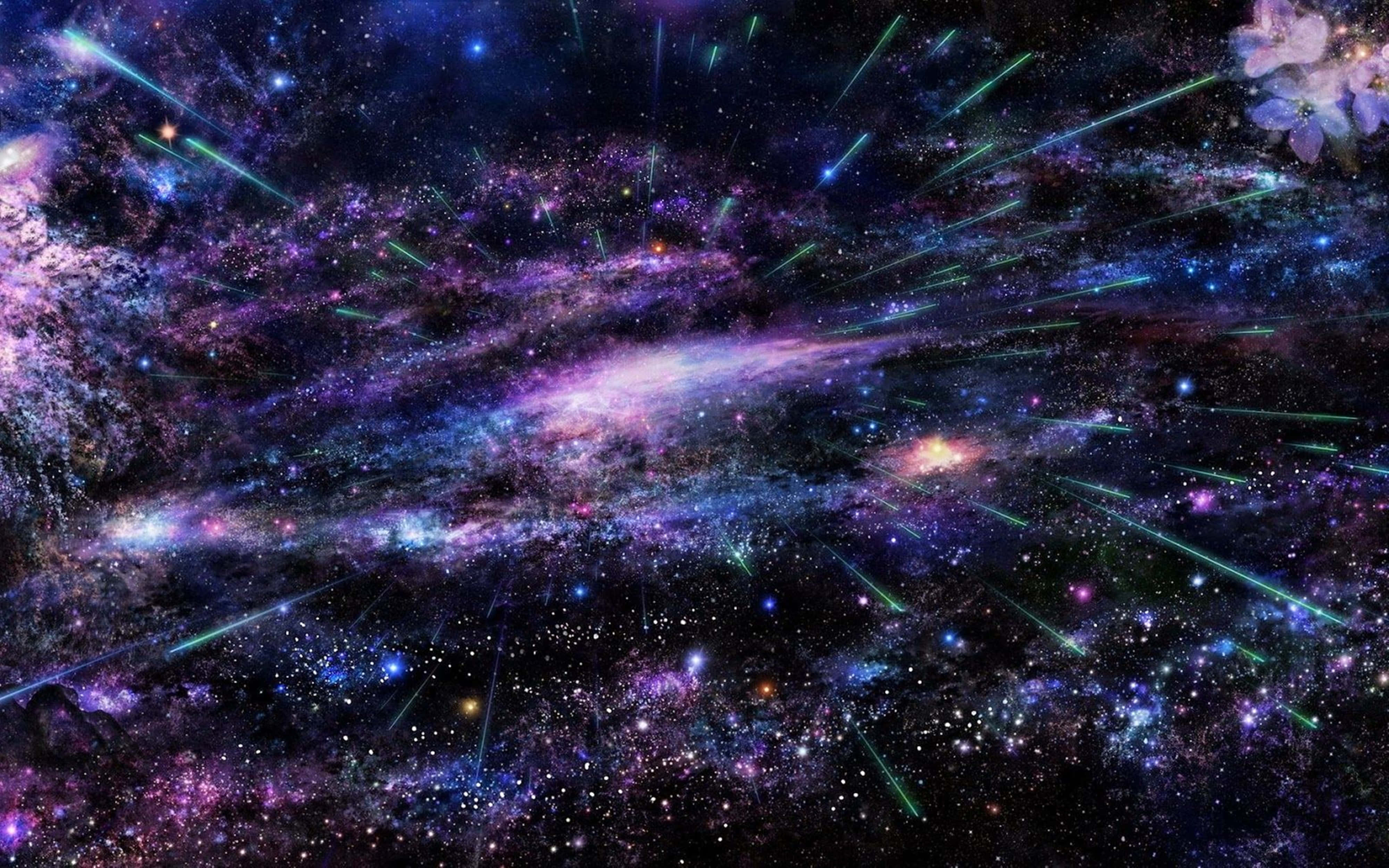 4K Universe Space Galaxy, purple and blue nebulae, glowing green meteors, 4K Desktop Wallpaper