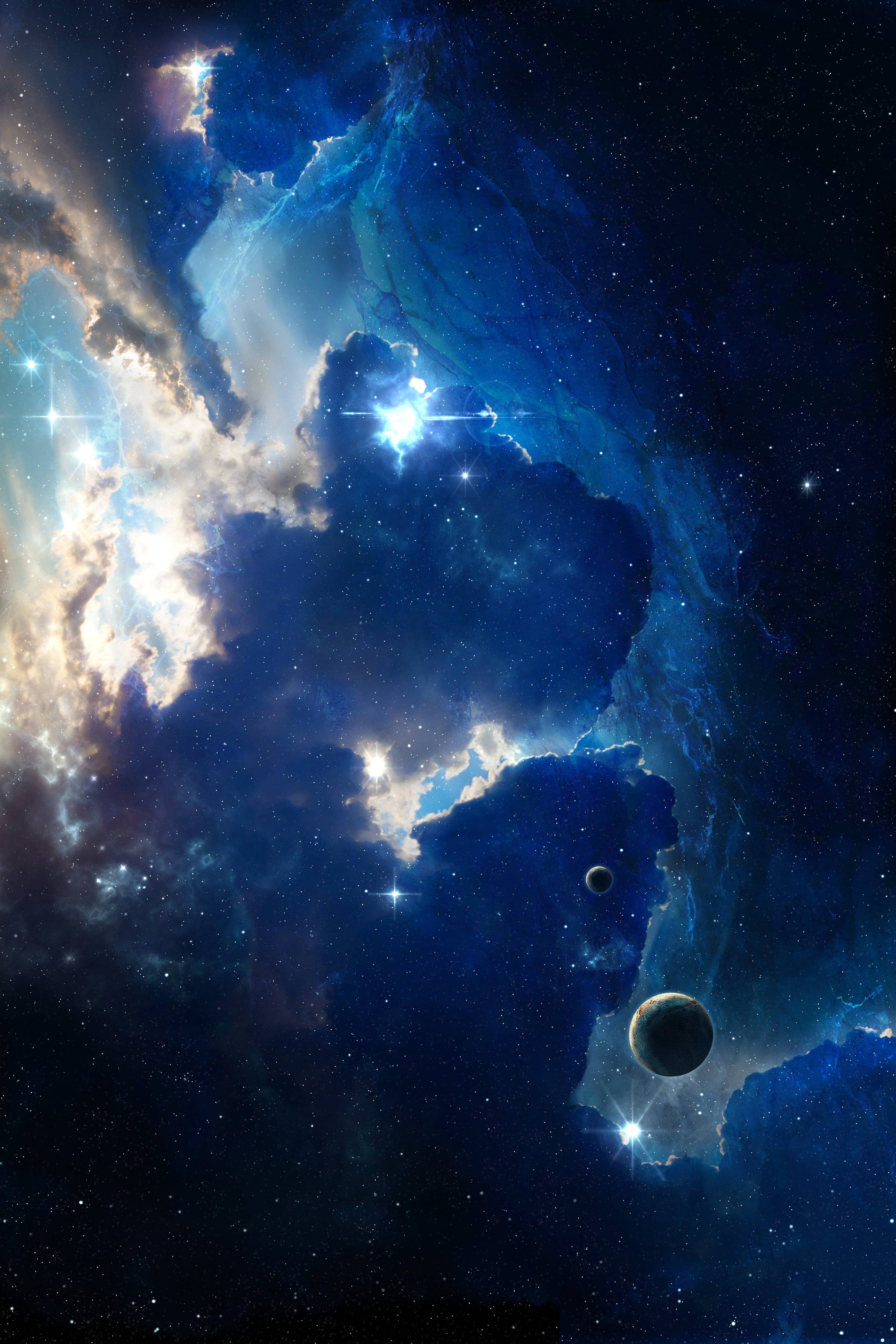 heavenly bodies, cosmic nebulae, electric blues, 4K Phone Wallpaper