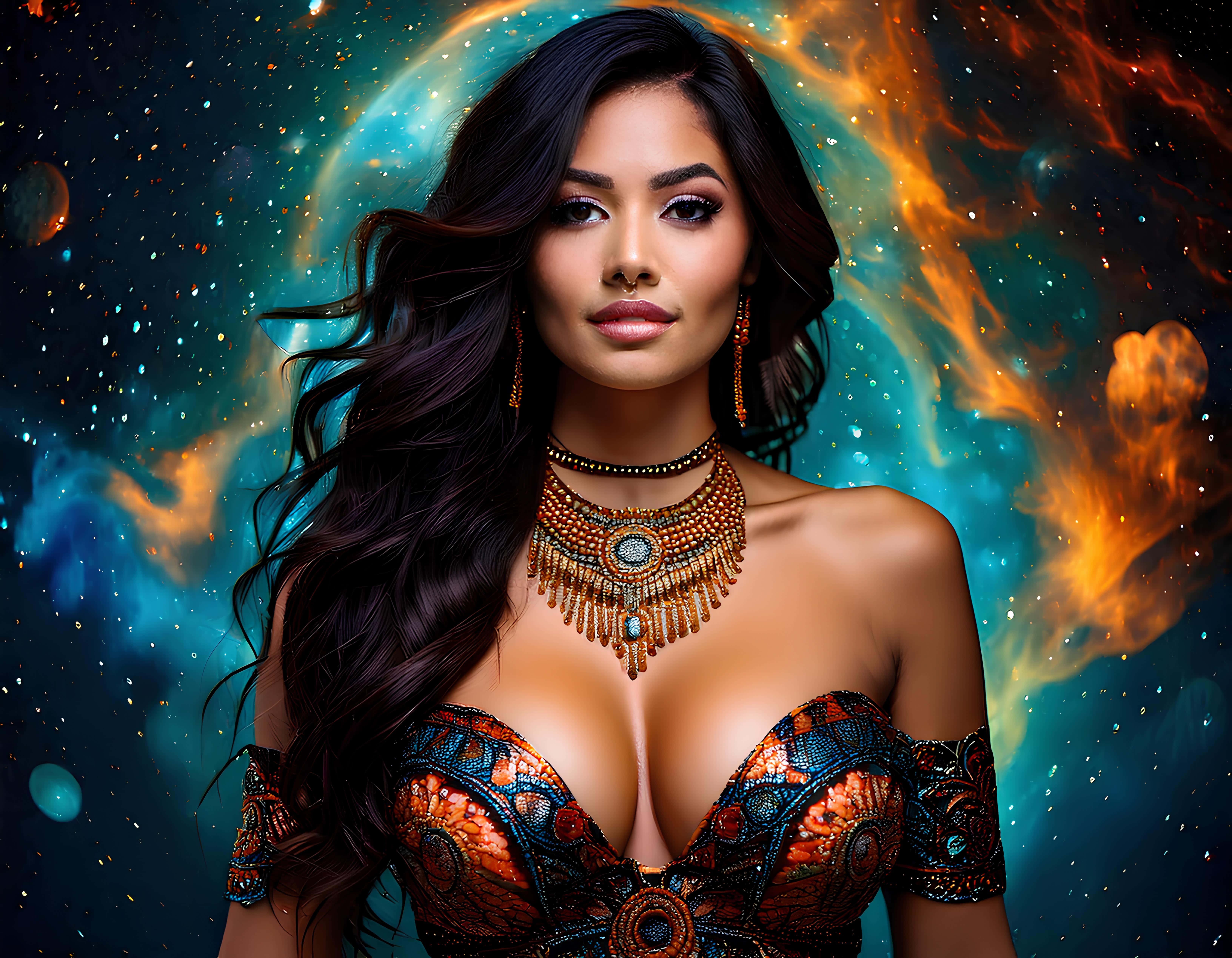 woman, long dark hair, ornate gold jewelry, 5K Desktop Wallpaper