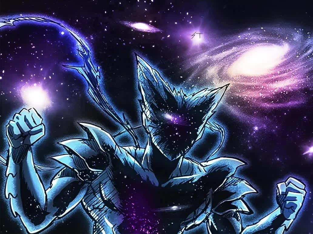 Cosmic Garou, glowing blue armor, swirling purple galaxy backdrop, SD Desktop Wallpaper