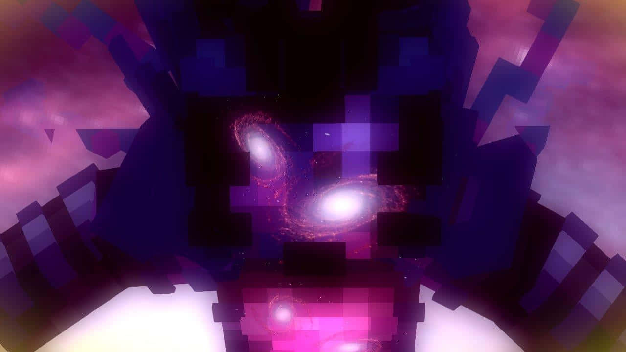Cosmic Garou, glowing spiral galaxy, jagged purple and pink digital blocks, HD Desktop Wallpaper
