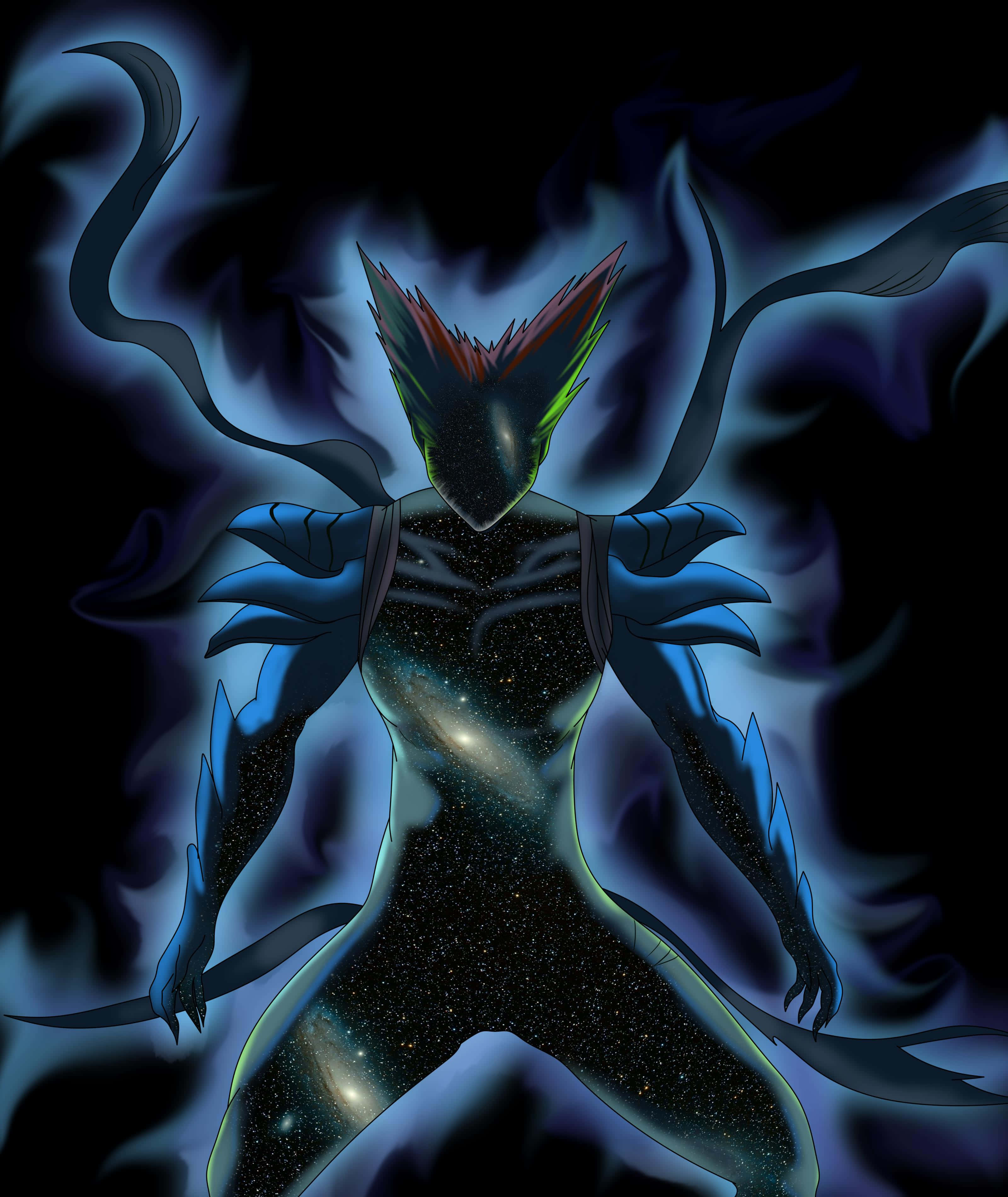 Cosmic Garou, galaxy skin, glowing blue tendrils, 2K Phone Wallpaper