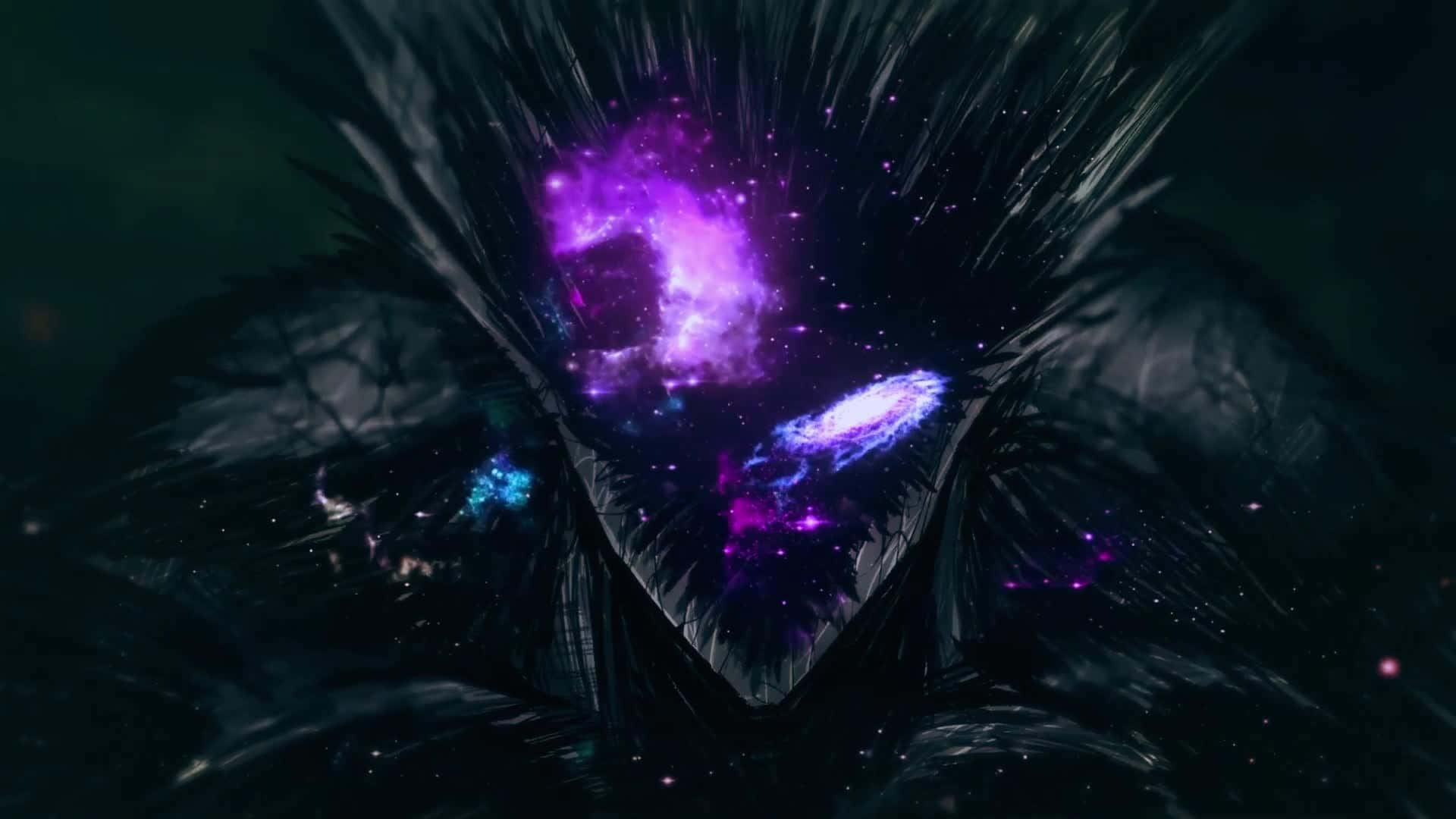 Cosmic Garou, dark spiky form, vibrant purple and blue nebulae, Full HD Desktop Wallpaper