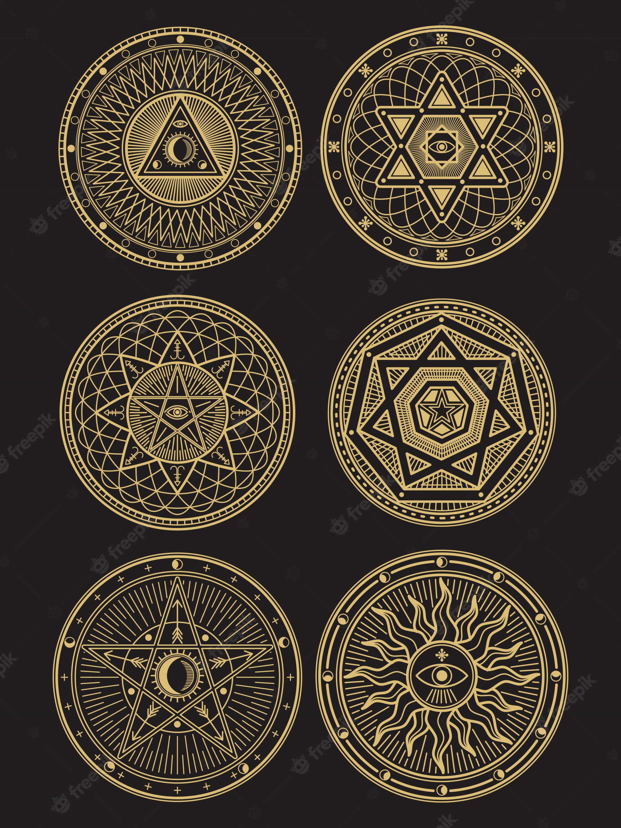 mysterious cosmic skies, golden mystical symbols, all-seeing eyes, 2K Phone Wallpaper
