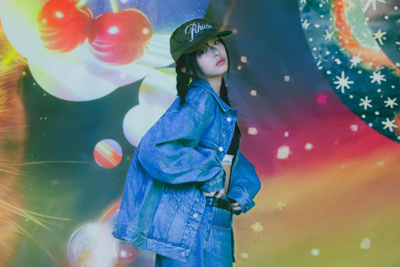 cosmic denim fashion portrait, blue denim jacket, cap, HD Desktop Wallpaper