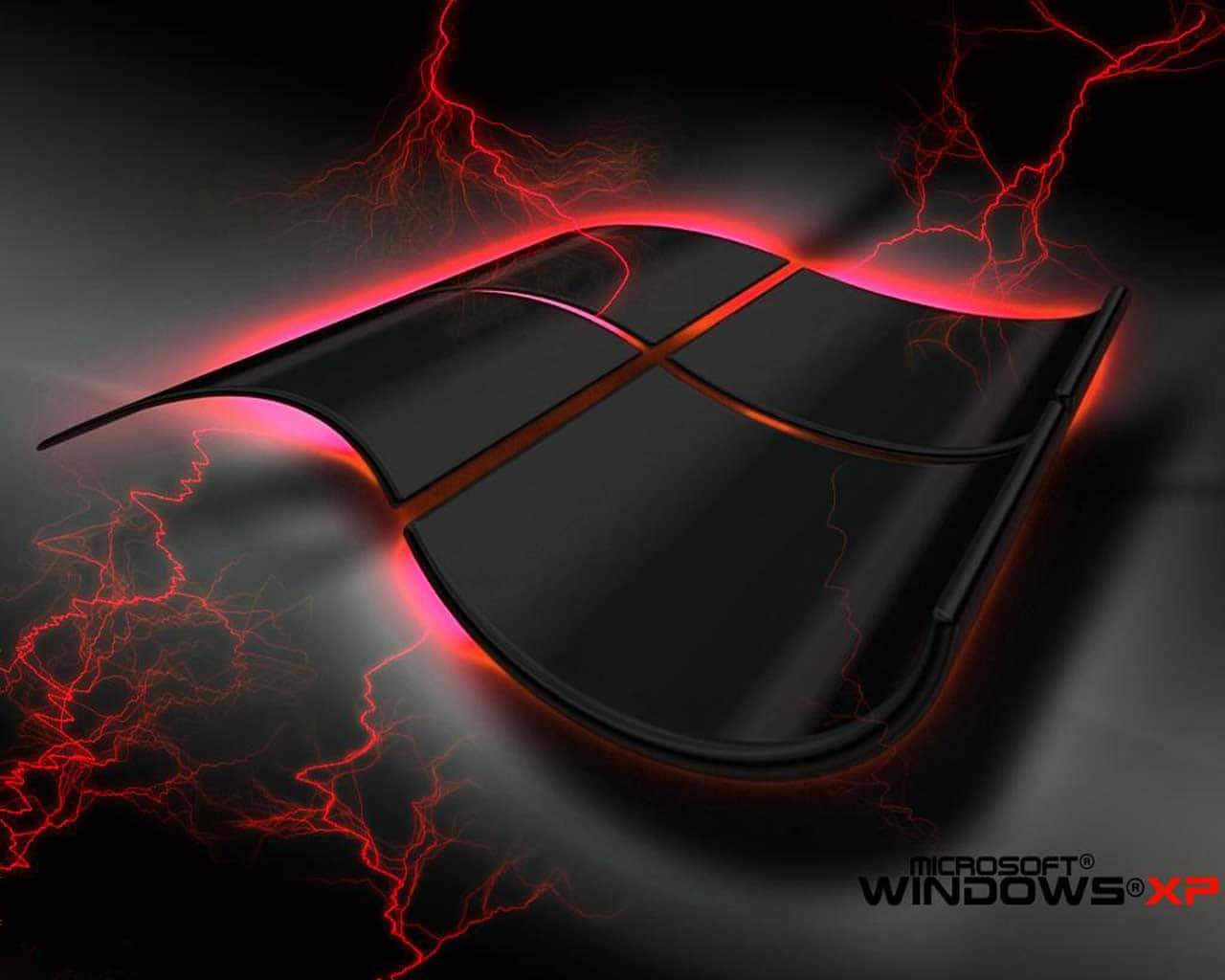 glossy black Windows XP logo, fiery red lightning, dark background, HD Desktop Wallpaper