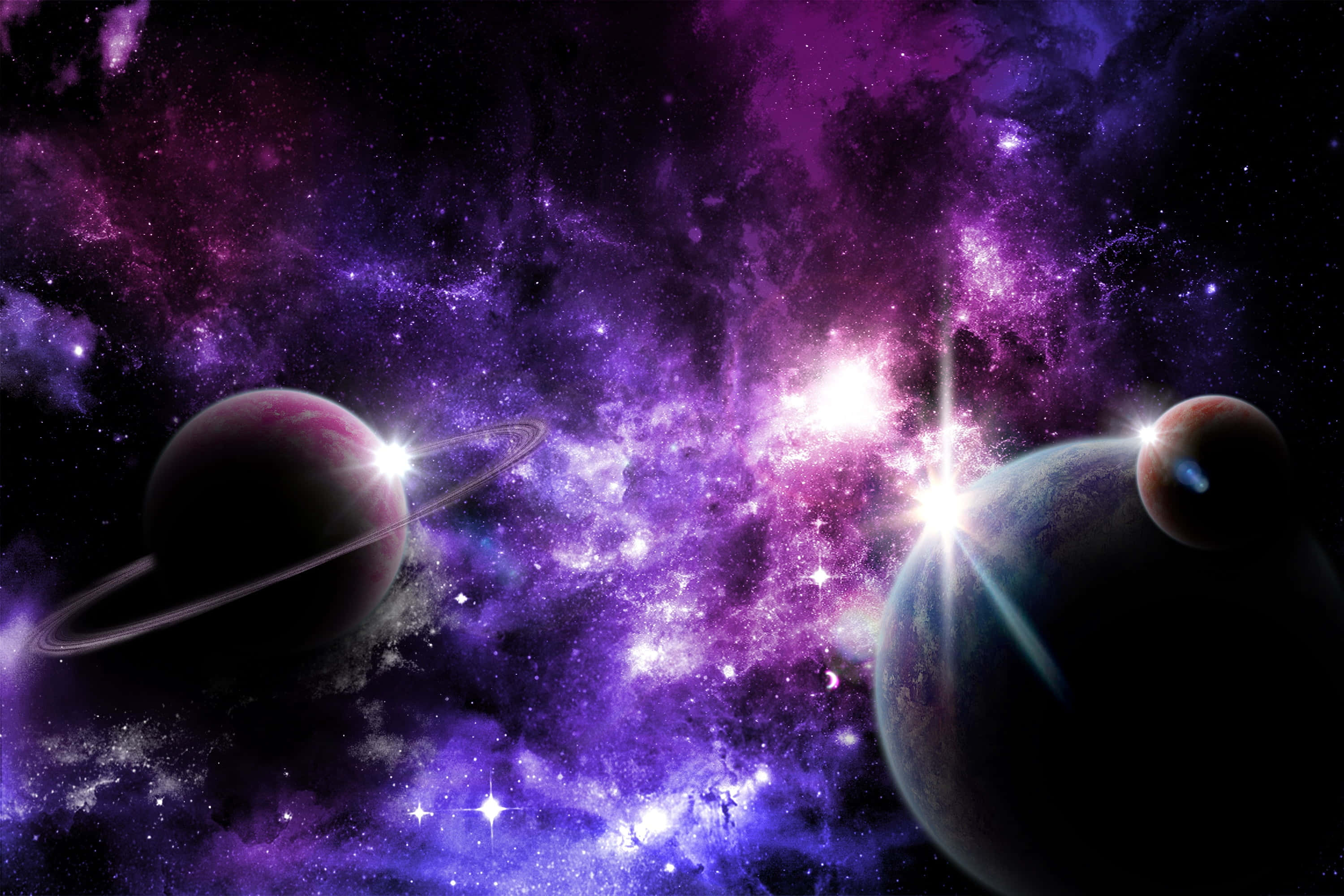 Cosmic Rays 3000 x 2000, vibrant purple nebulae, ringed planets, 2K Desktop Wallpaper