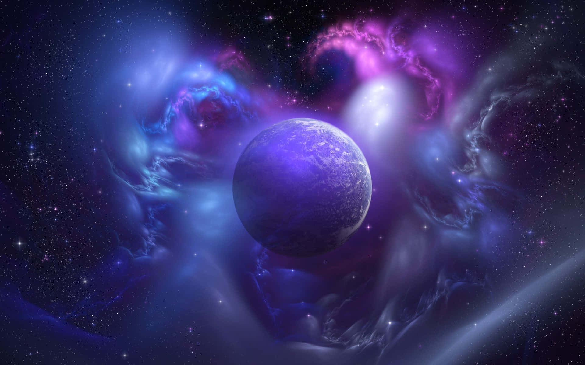 Cosmic Rays, glowing purple planet, swirling cosmic nebulae, Full HD Desktop Wallpaper