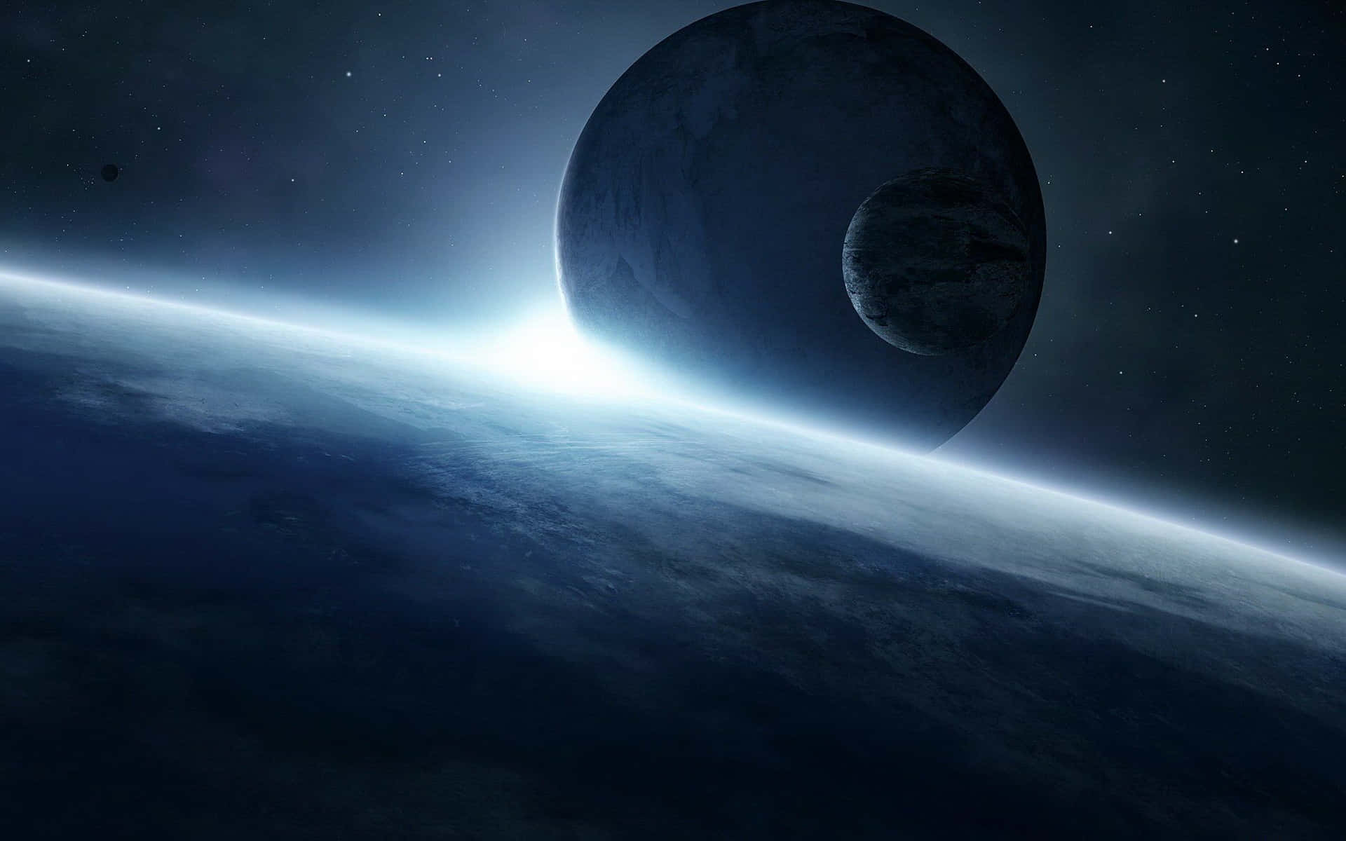 Cosmic Rays, planet, large moon, Full HD Desktop Wallpaper