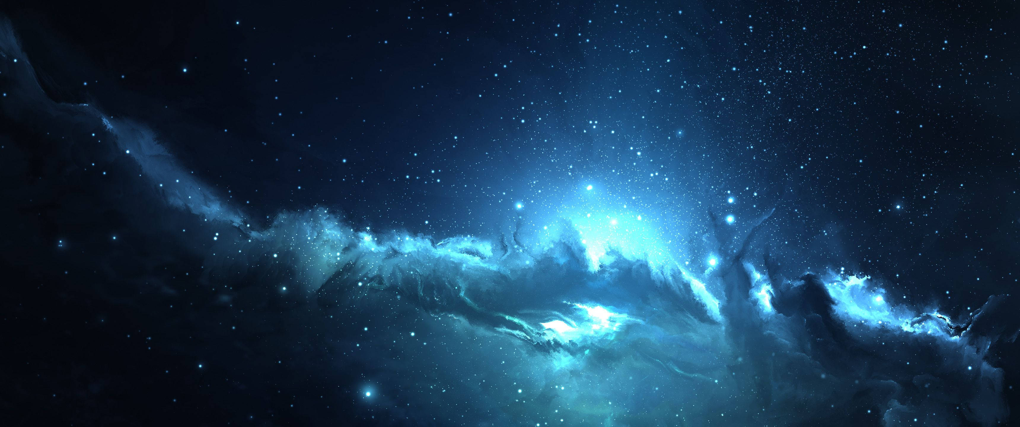 ultrawide starry, luminous blue nebula, starfield, 2K Desktop Wallpaper