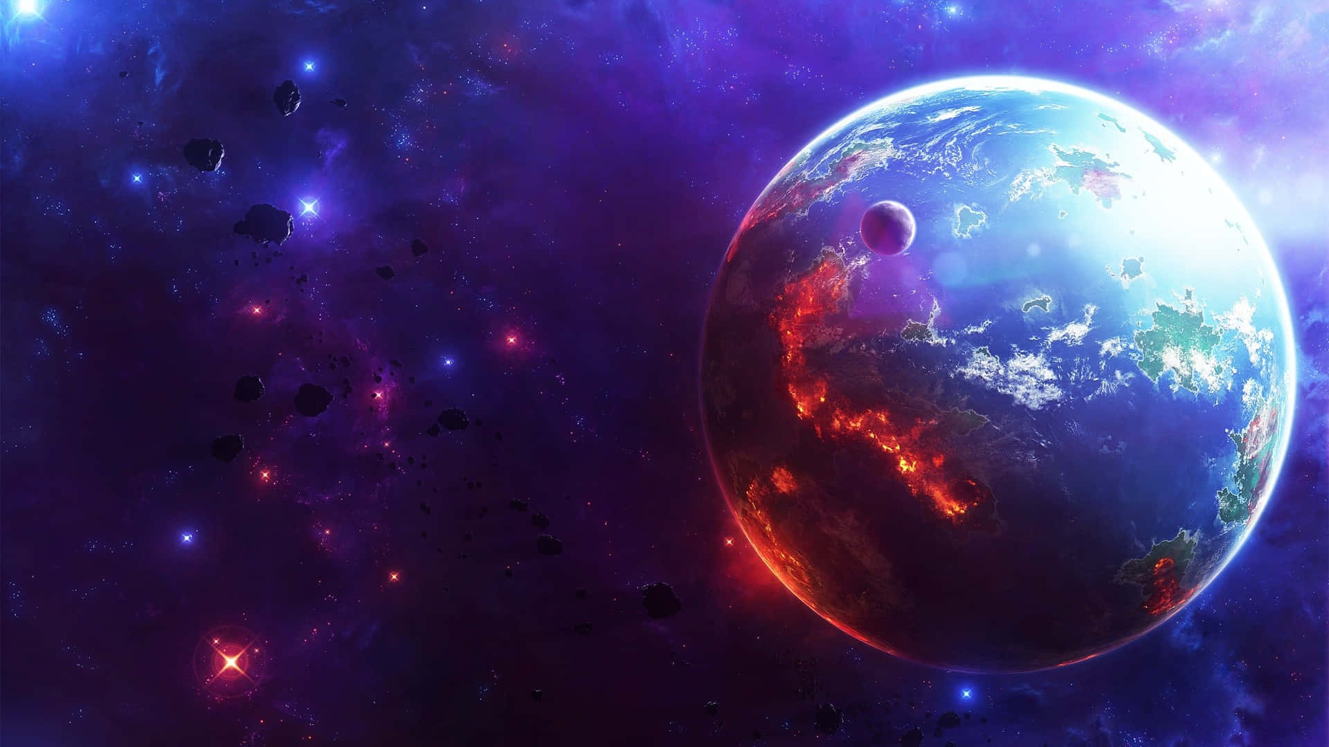 Cosmic Rays, red continents, swirling blue oceans, Full HD Desktop Wallpaper