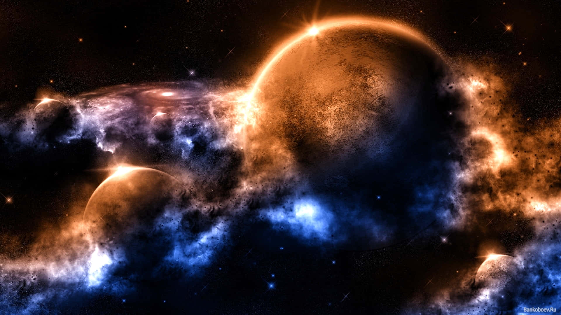 cosmic rays, glowing orange planets, swirling blue nebulae, Full HD Desktop Wallpaper