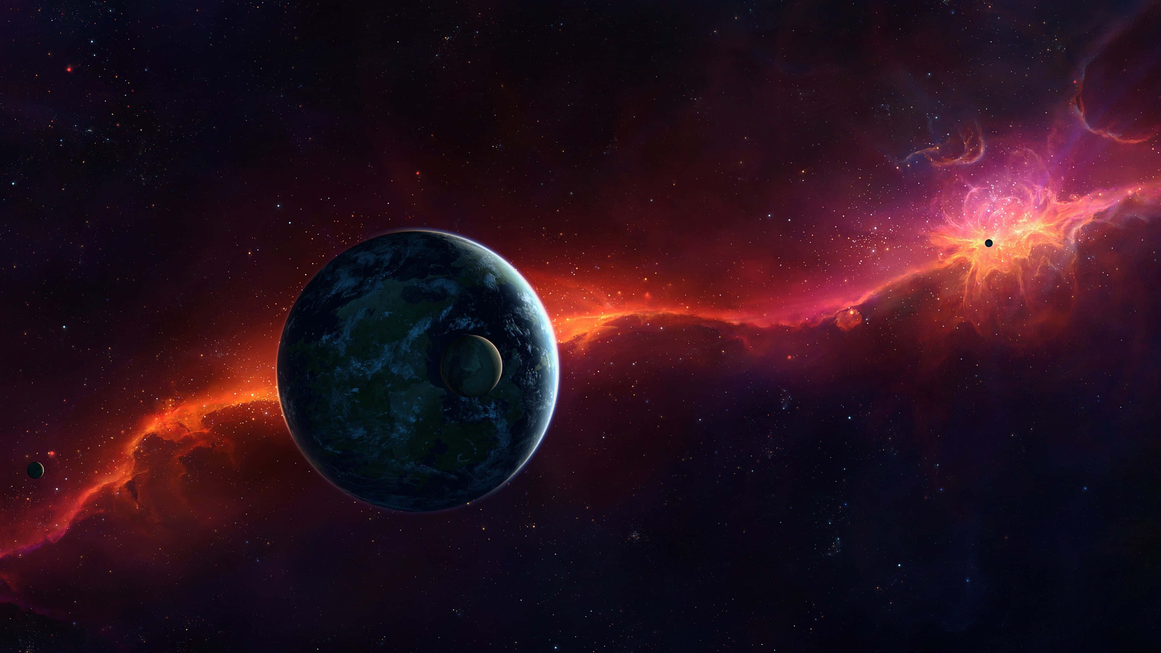 Cosmic, blue-green planet, moon, 4K Desktop Wallpaper