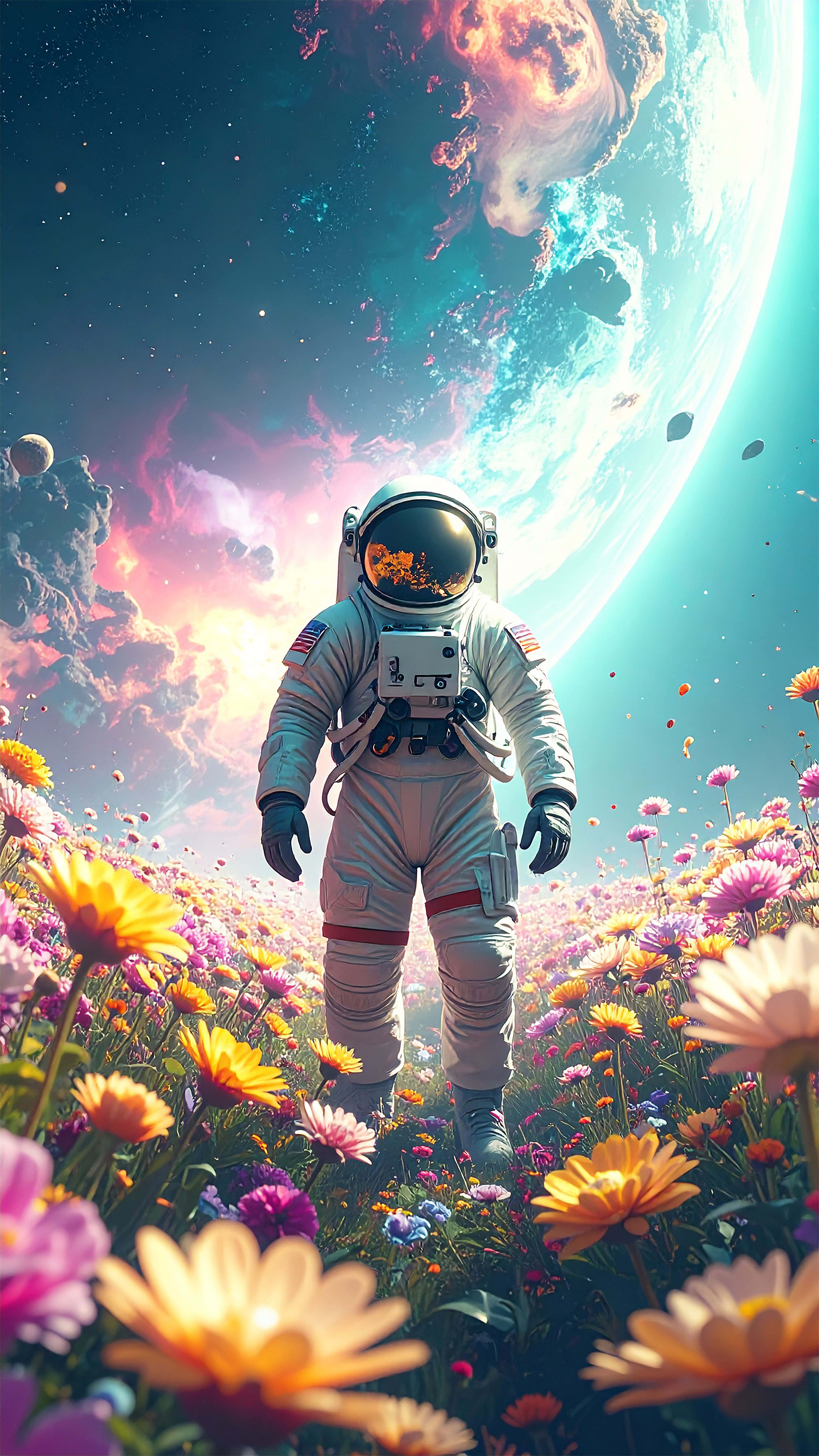 astronaut, cosmic sky, glowing planet, 8K Phone Wallpaper