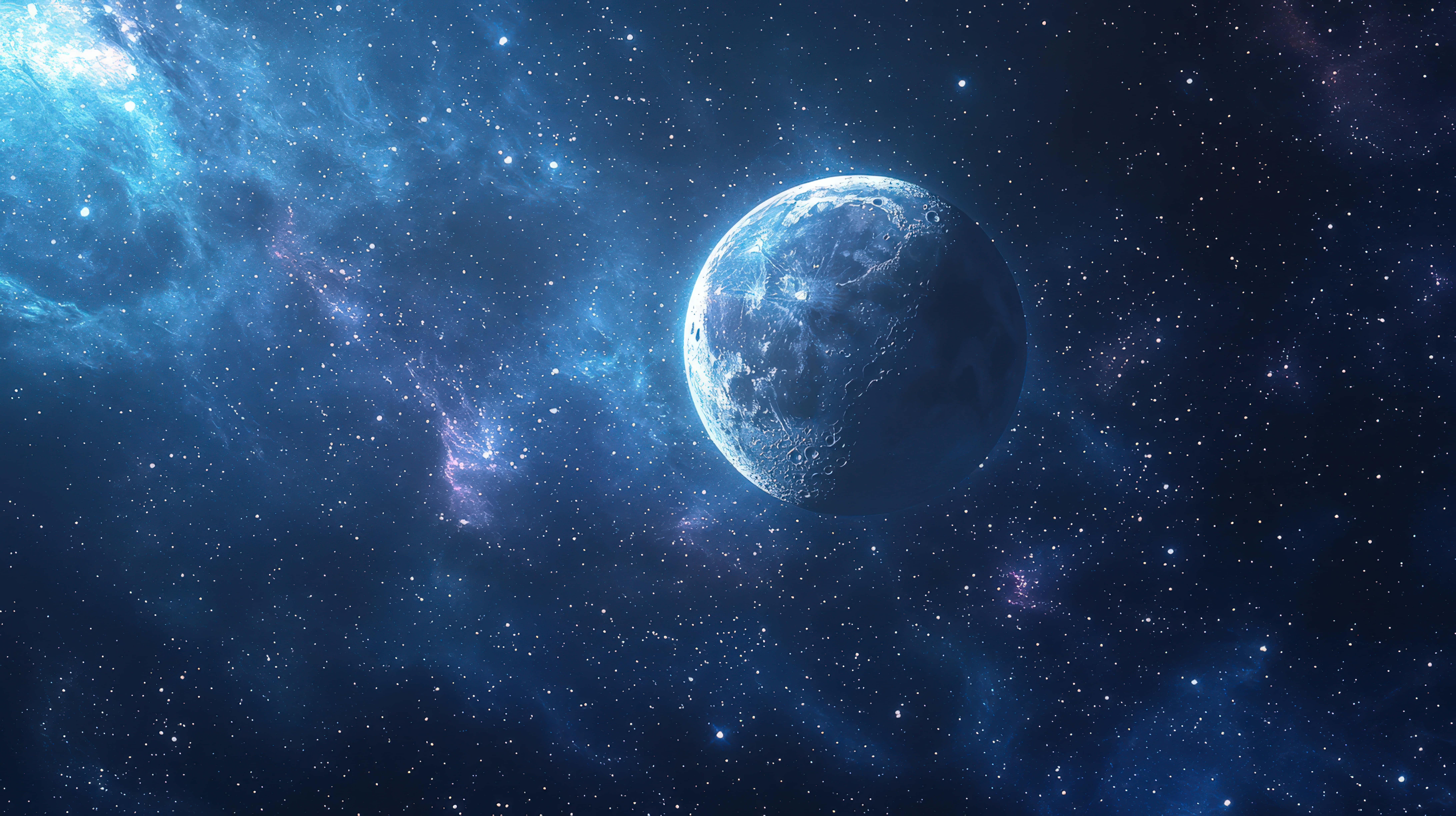 glowing blue planet, distant stars, cosmic nebulae, 8K Desktop Wallpaper