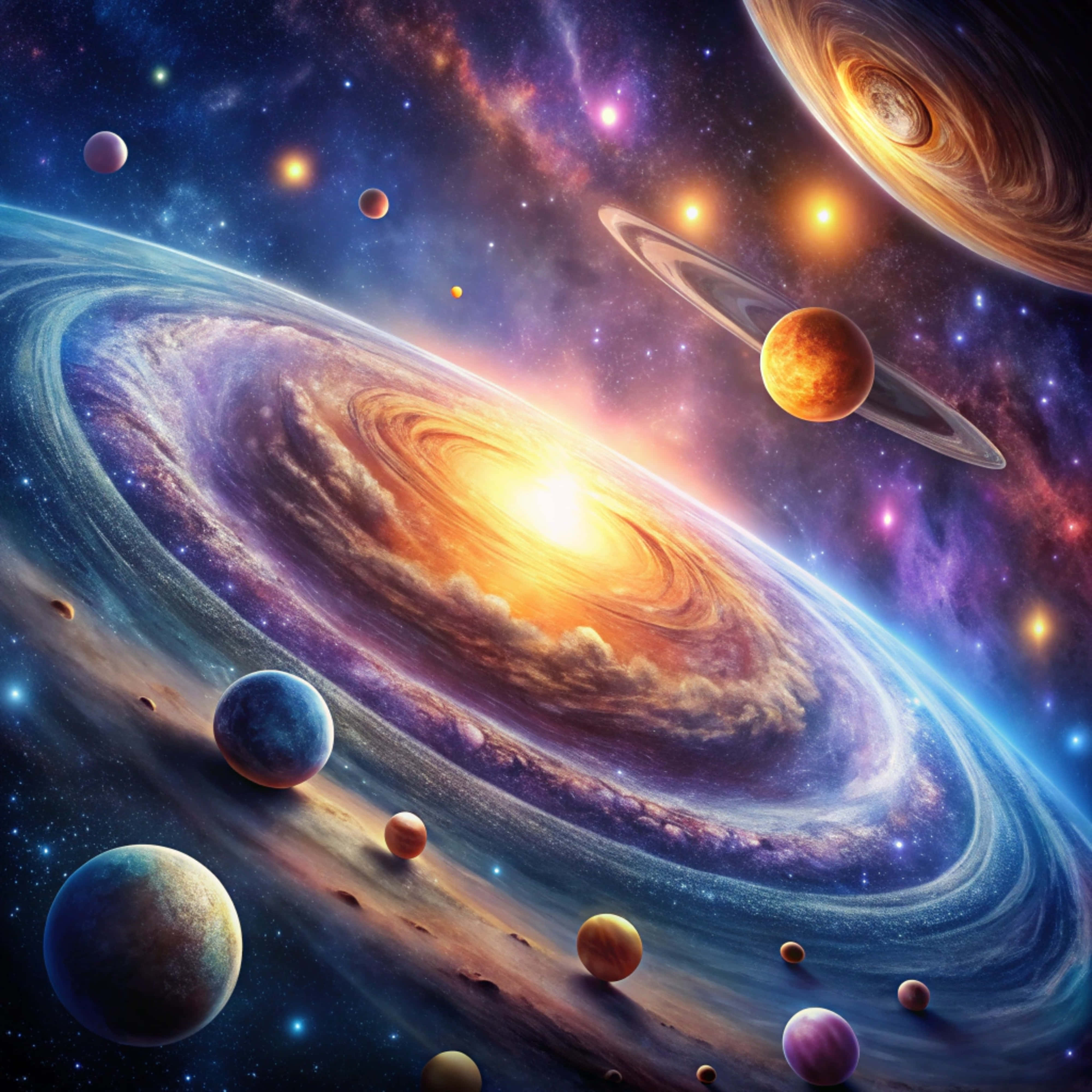 spiral galaxy, cosmic scene, colorful planets, 4K Desktop Wallpaper